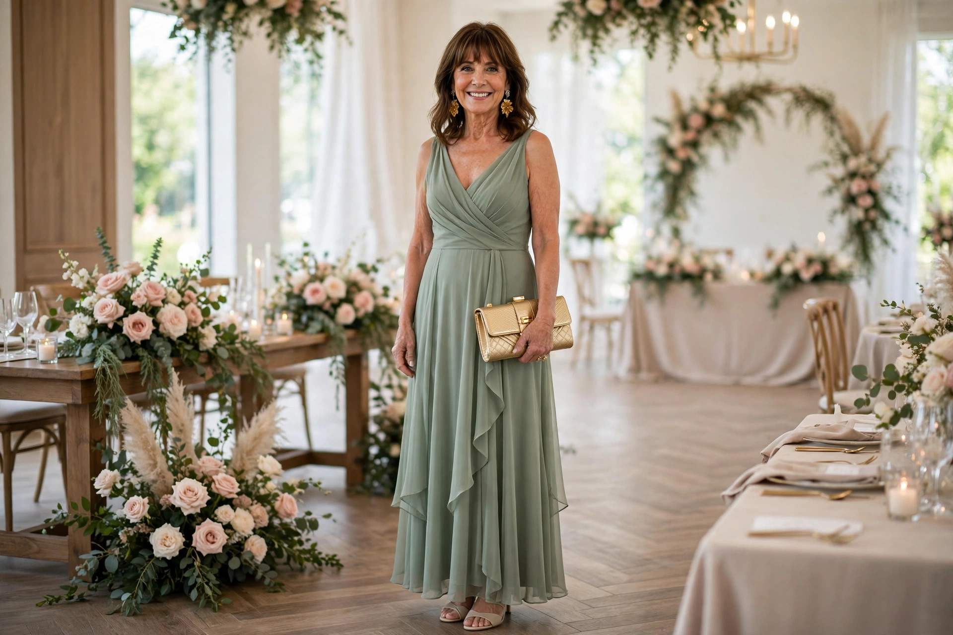 Woman wearing a sage green bridesmaid dress as a wedding guest with gold earrings and a structured clutch