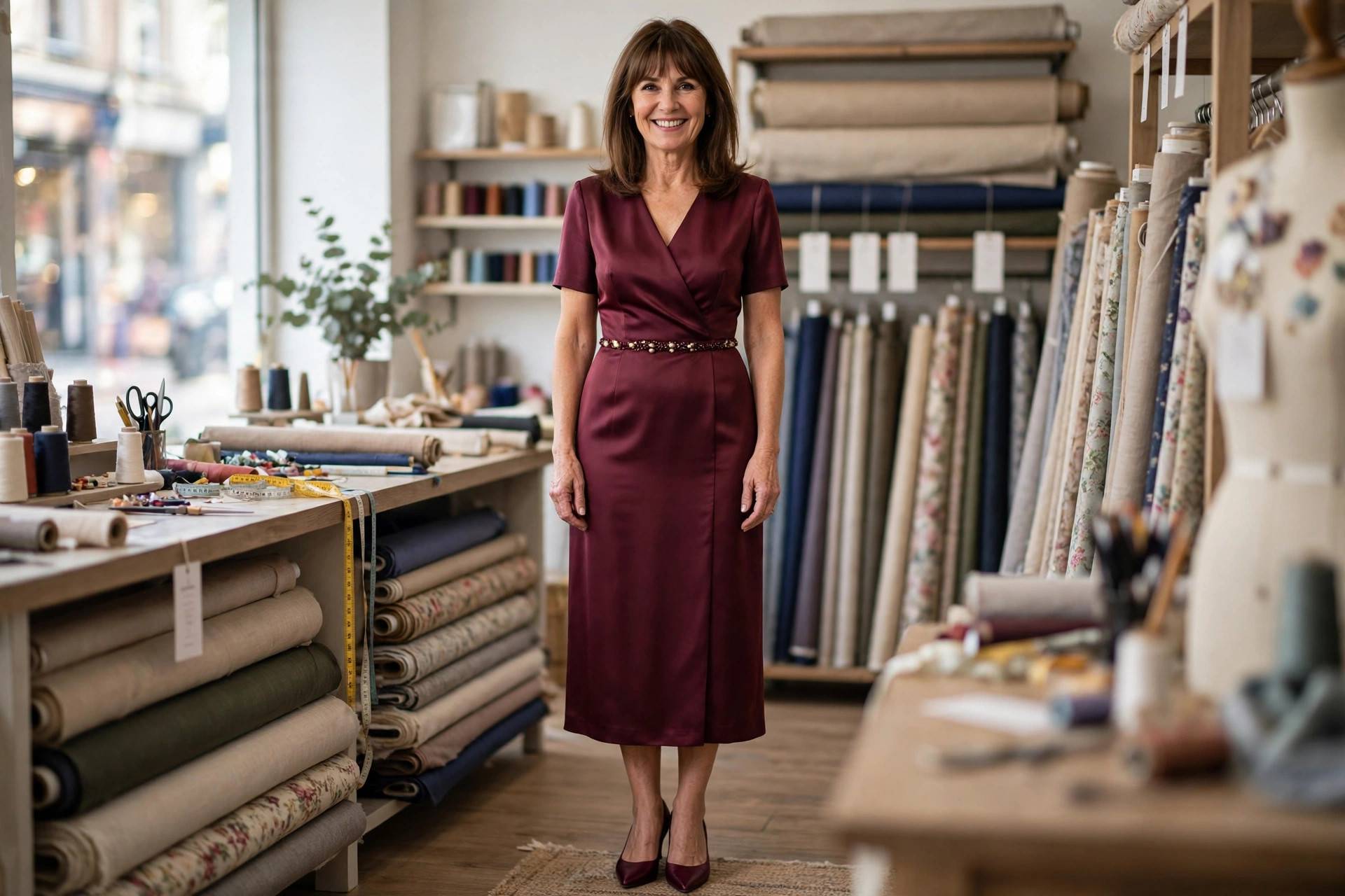 Burgundy bridesmaid dress altered to midi length with a beaded belt at a tailor shop