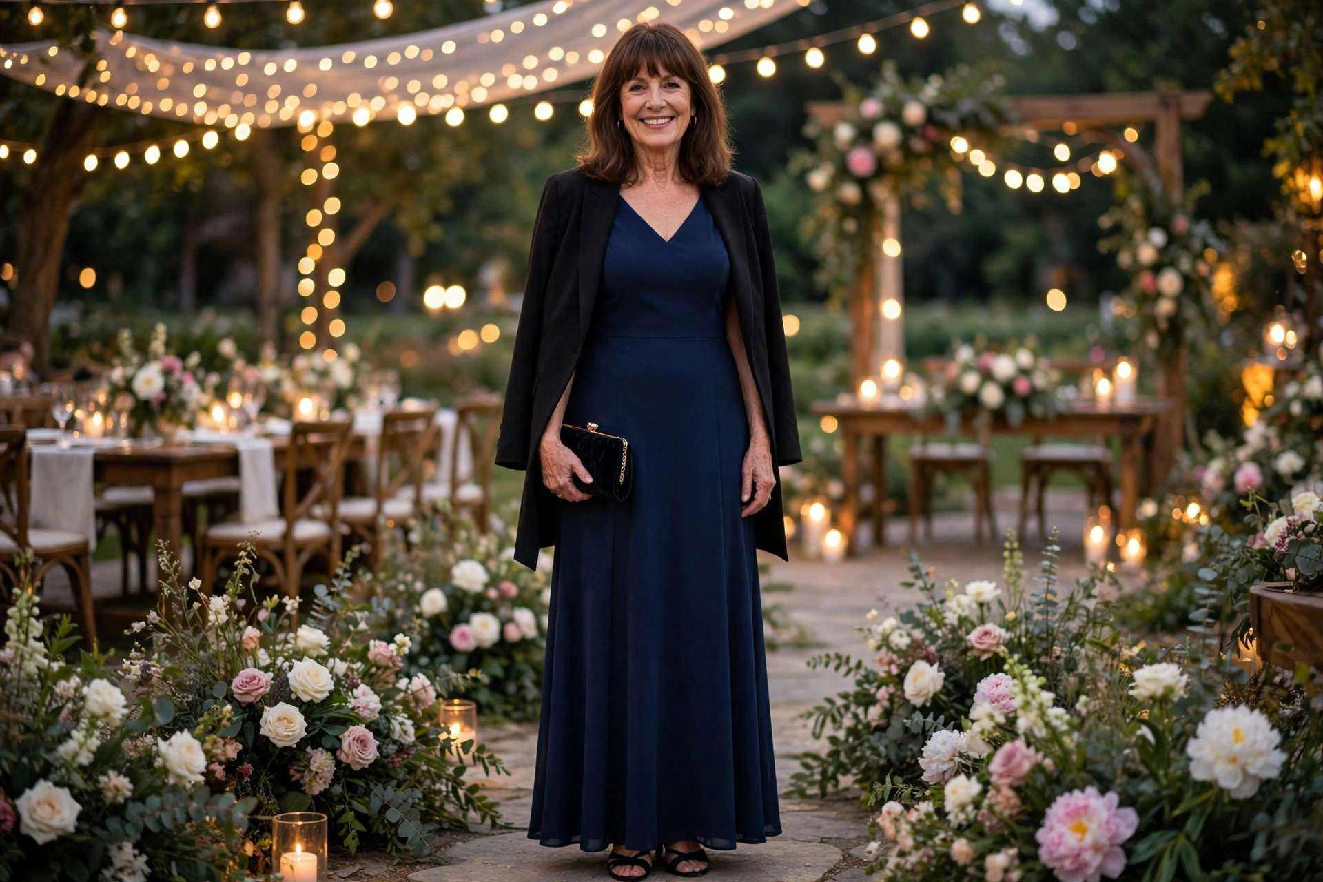 Navy bridesmaid dress worn with a tailored blazer for a formal evening wedding