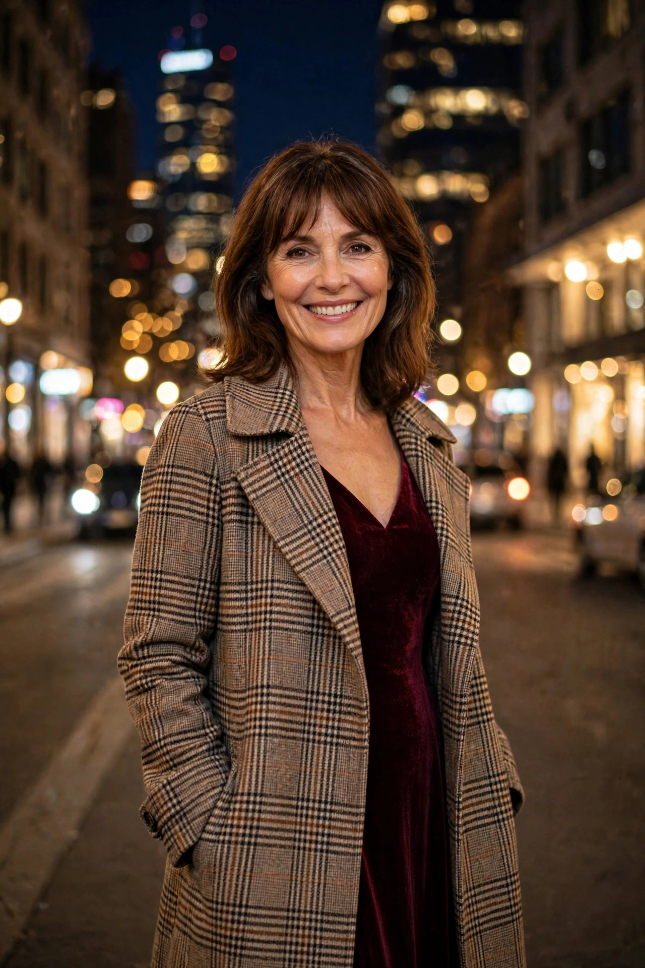 Smiling woman with shoulder-length brown hair and bangs wearing a plaid coat over a burgundy dress on a city street at night.