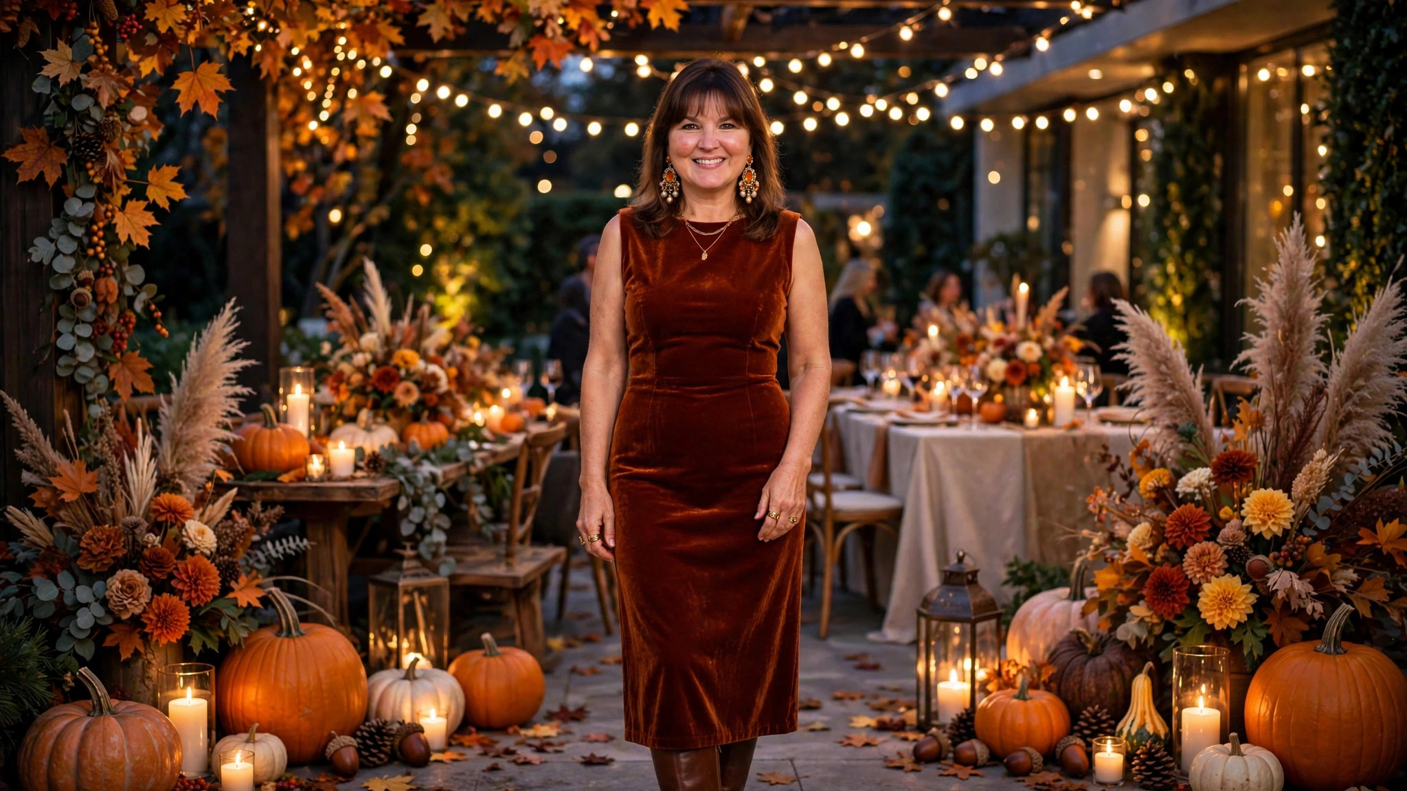 Woman in a chic fall party outfit for a night out