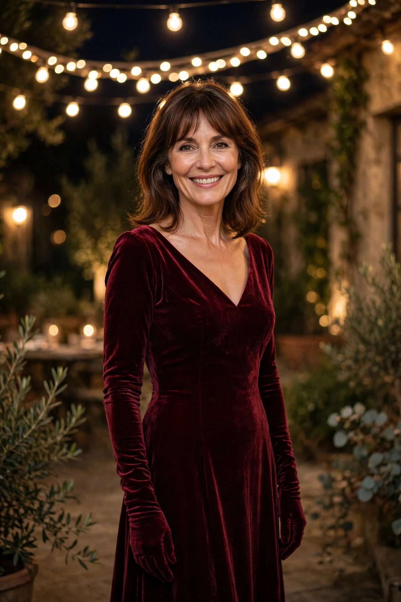 Smiling woman with shoulder-length brown hair and bangs wearing a burgundy velvet gown with long velvet gloves under string lights at night.
