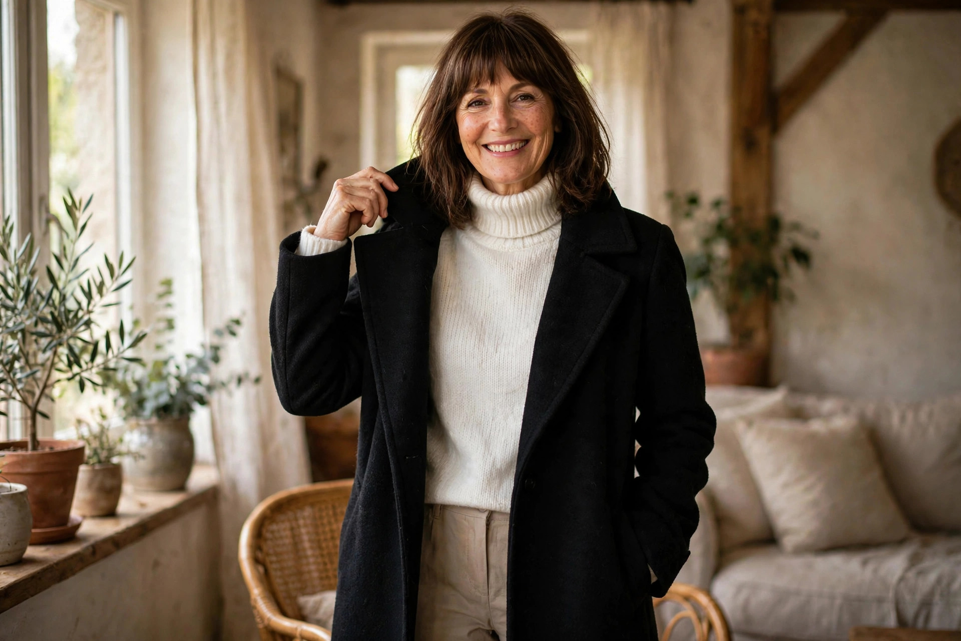 Smiling woman with shoulder-length brown hair and bangs adjusting a black wool coat over a white knit turtleneck sweater indoors.