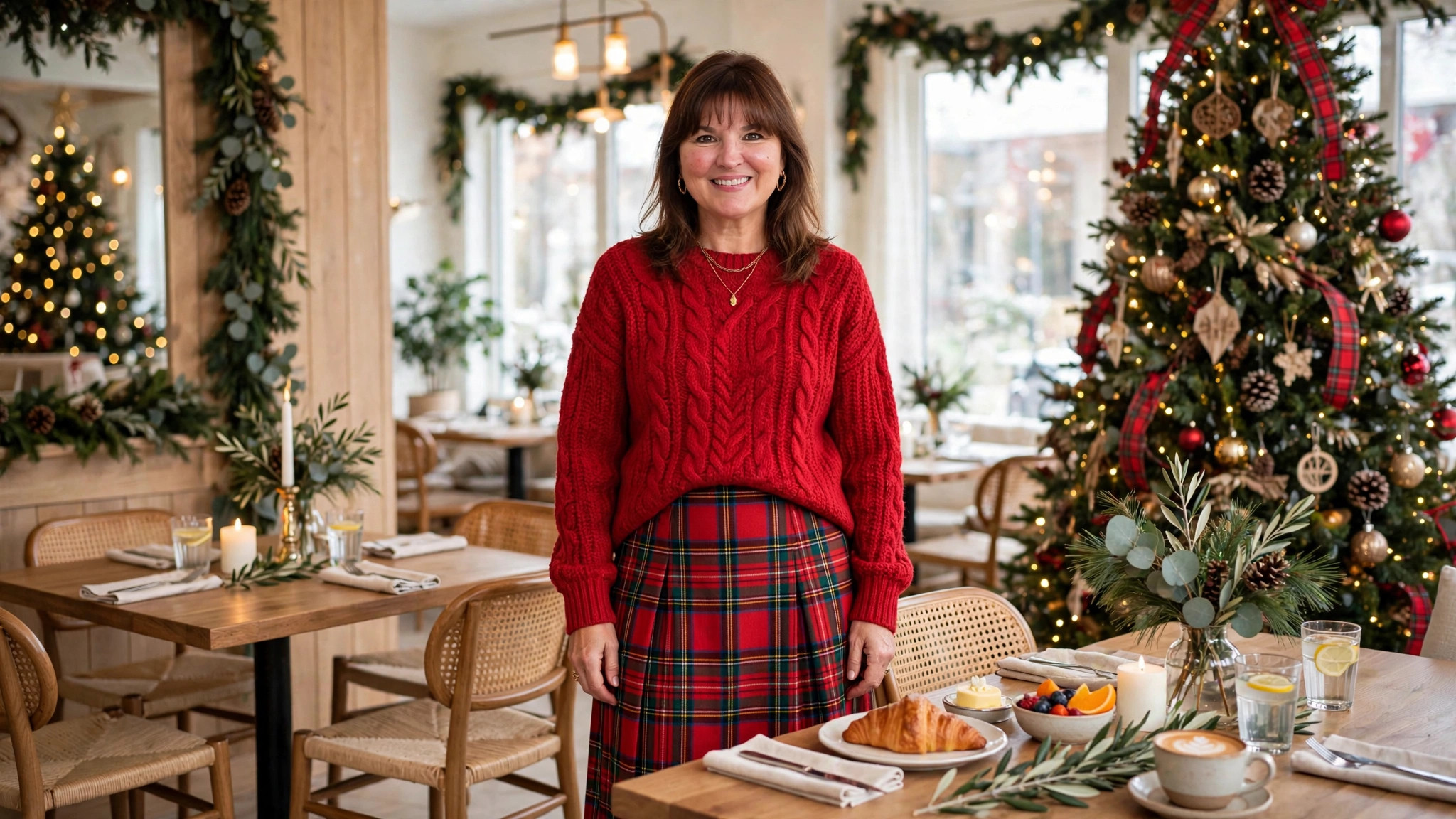 Woman in a festive Christmas brunch outfit