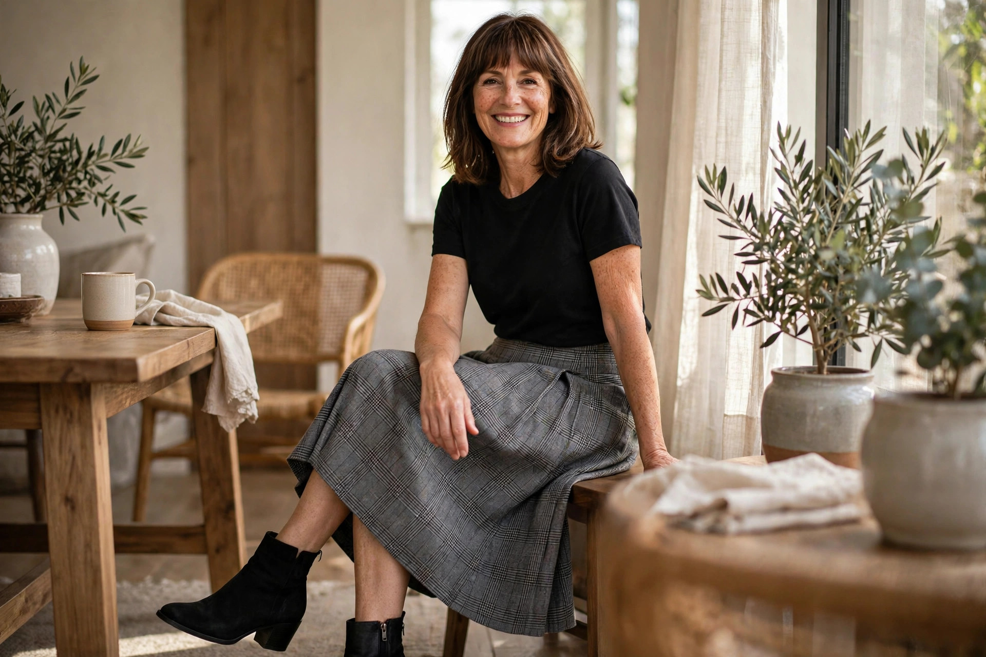 Smiling woman with shoulder-length brown hair and bangs wearing a grey plaid midi skirt, black t-shirt, and black ankle boots indoors.