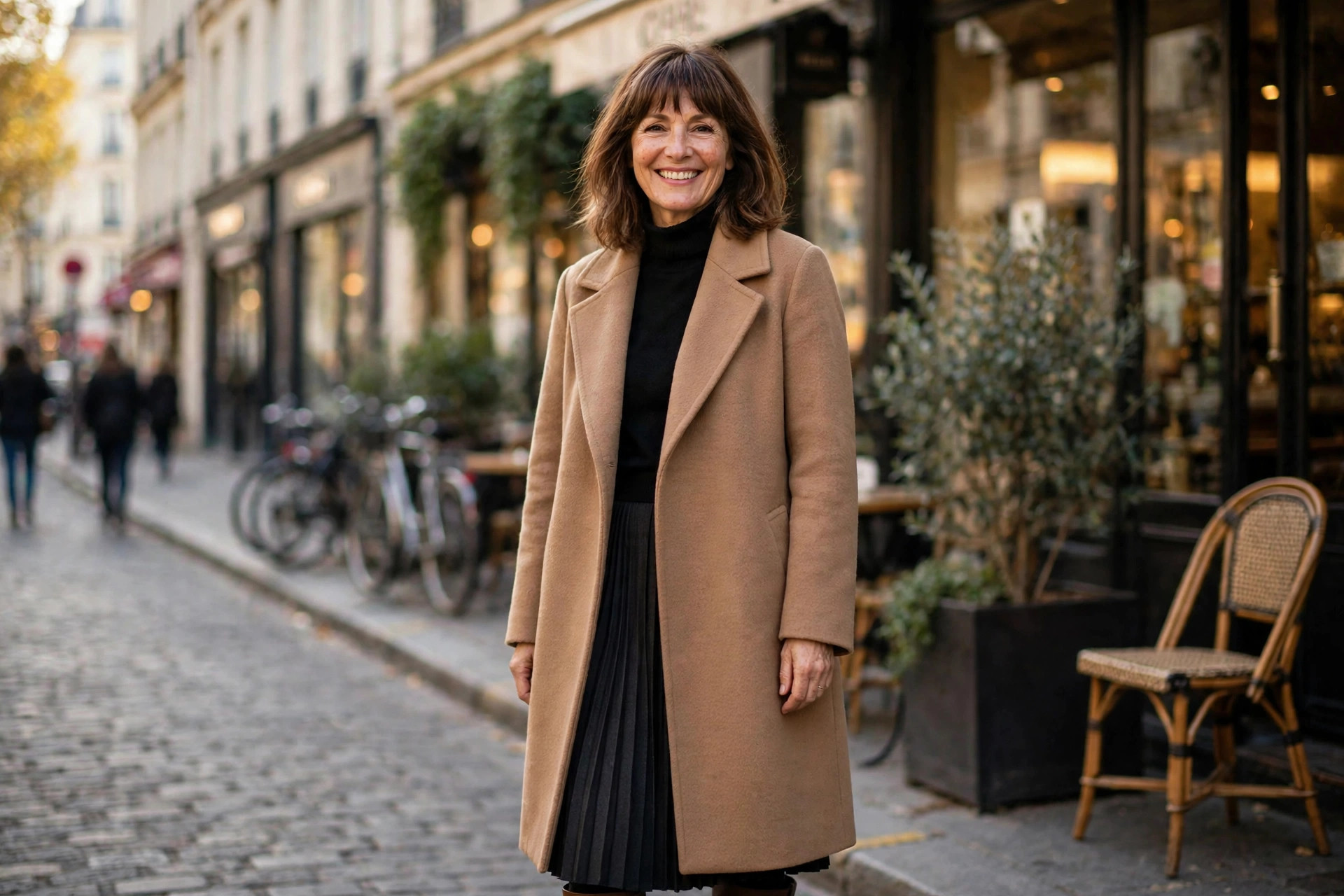 Smiling woman with shoulder-length brown hair and bangs wearing a camel wool coat over a black top and dark pleated skirt on a city street.
