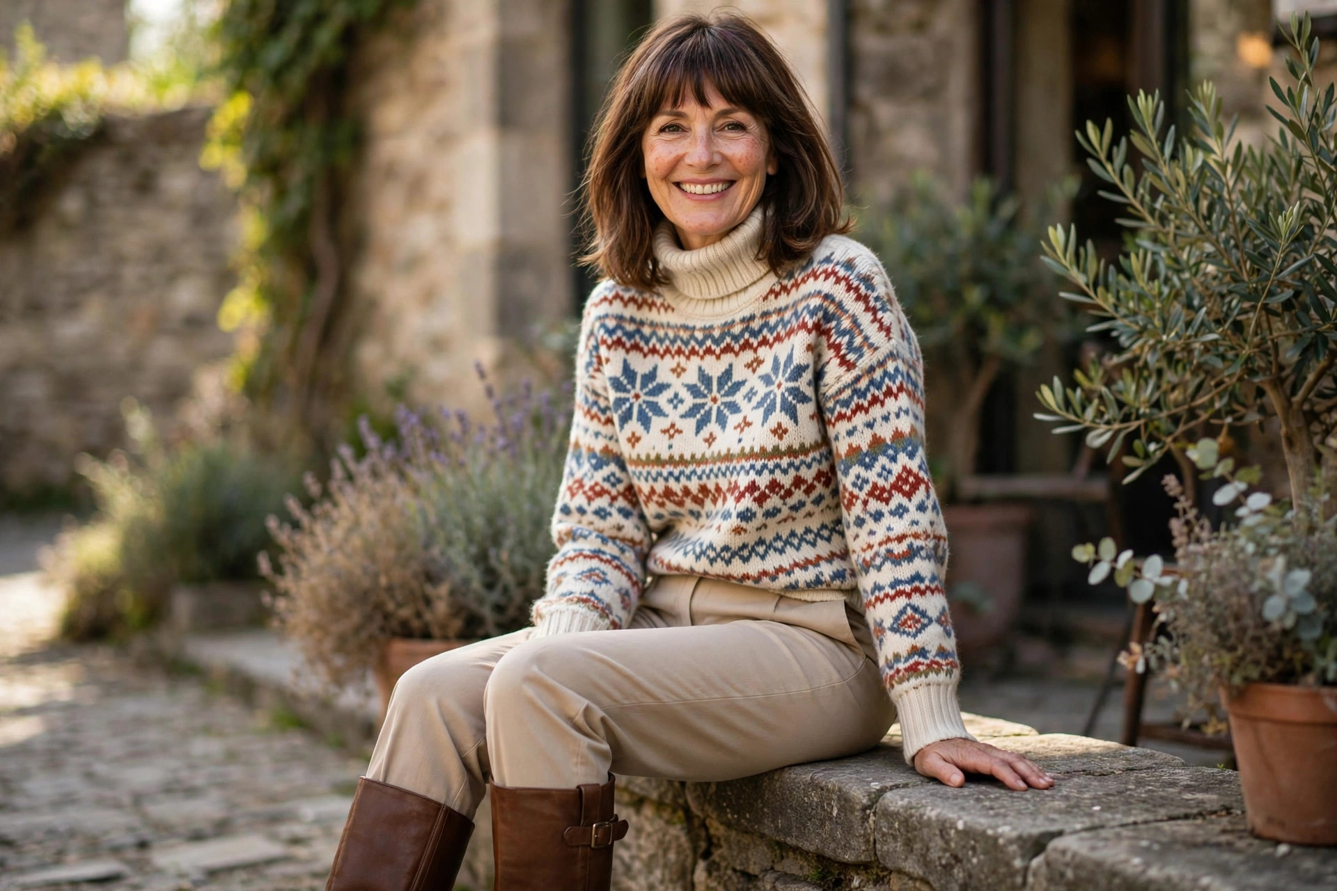 Smiling woman with shoulder-length brown hair and bangs wearing a fair-isle turtleneck sweater, beige trousers, and brown knee-high boots, sitting on a stone ledge outdoors.