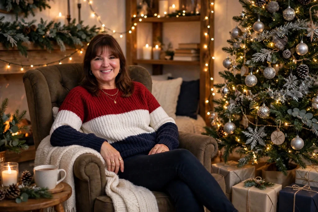 Smiling woman with shoulder-length brown hair and bangs in a red, white and navy knit sweater beside a decorated Christmas tree