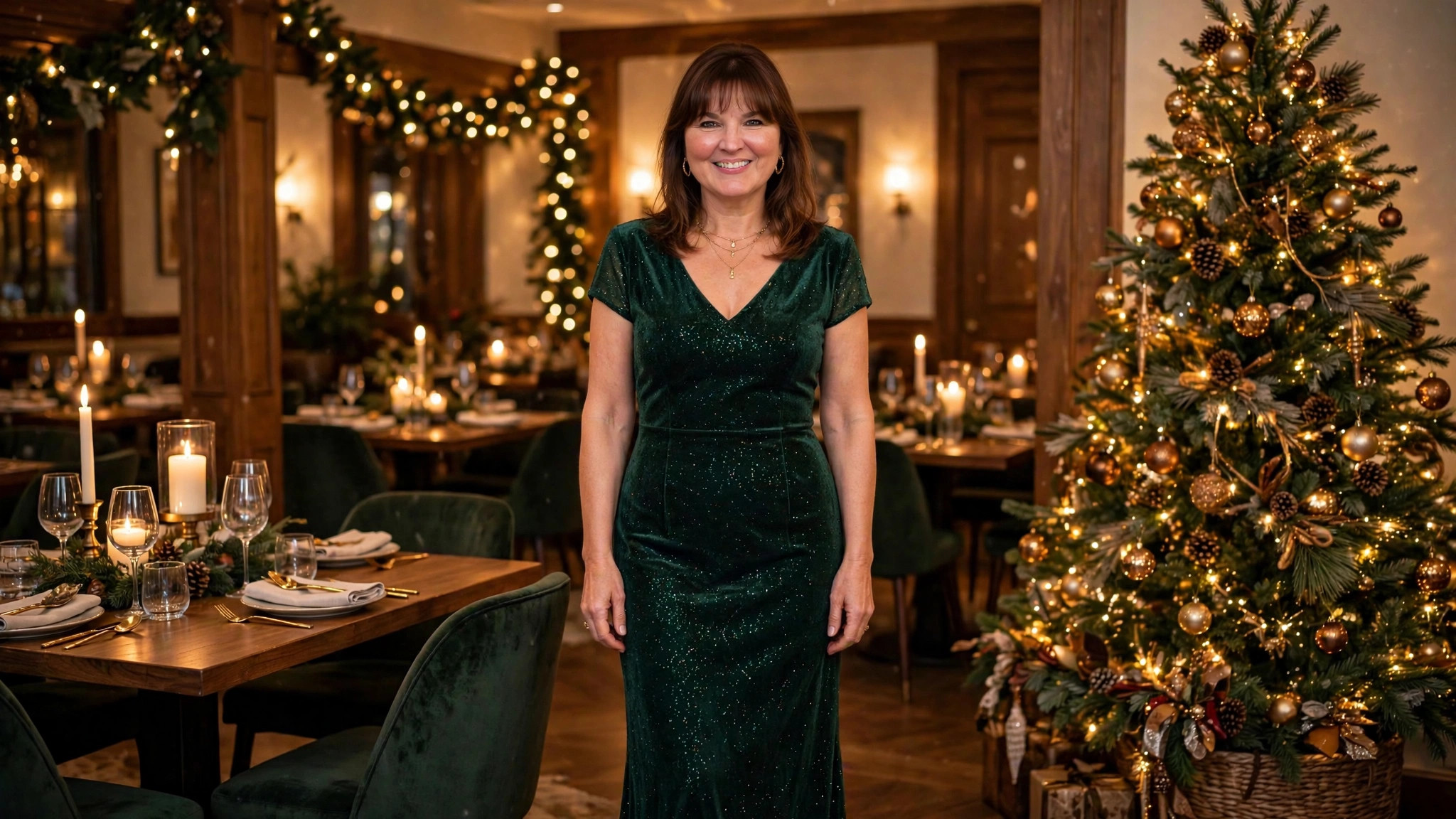 Woman in an elegant Christmas dinner outfit