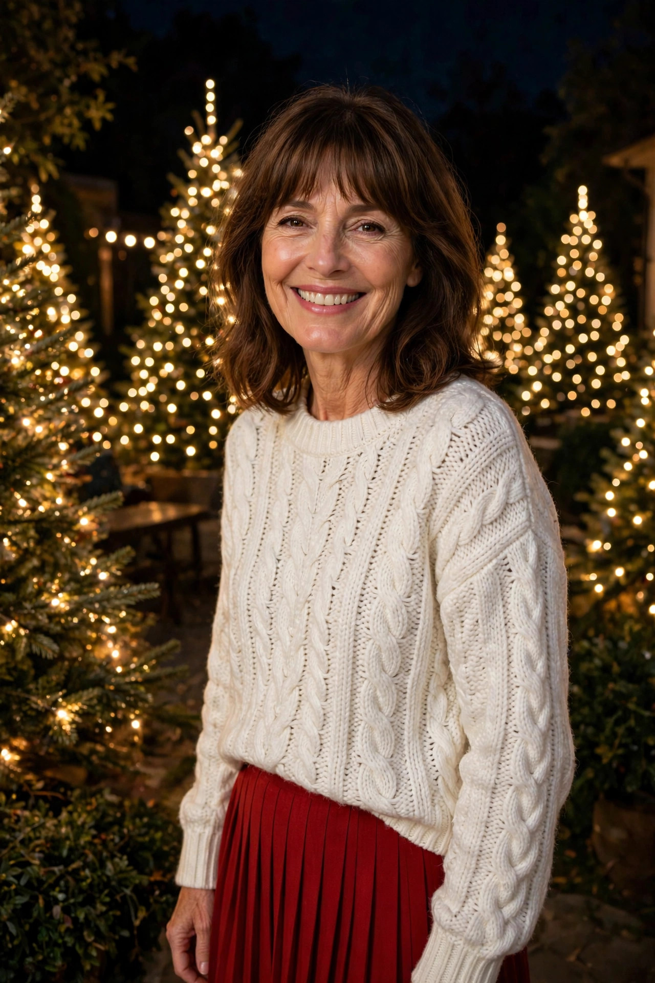 Smiling woman with shoulder-length brown hair and bangs wearing a white cable-knit sweater and red pleated skirt in front of illuminated Christmas trees at night.