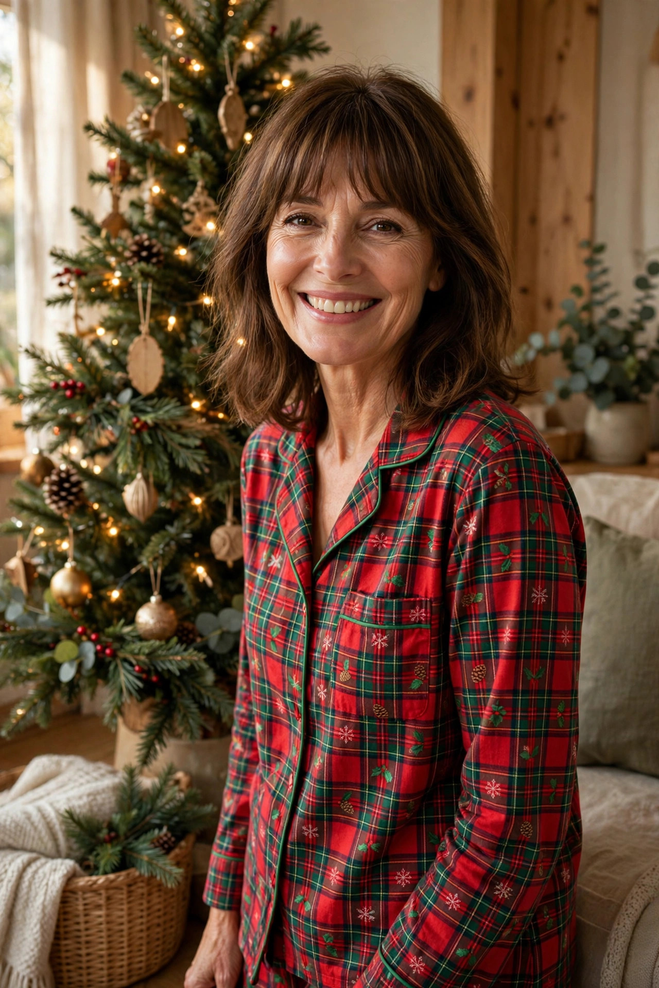 Smiling woman with shoulder-length brown hair and bangs wearing red and green plaid Christmas pajamas by a decorated Christmas tree.