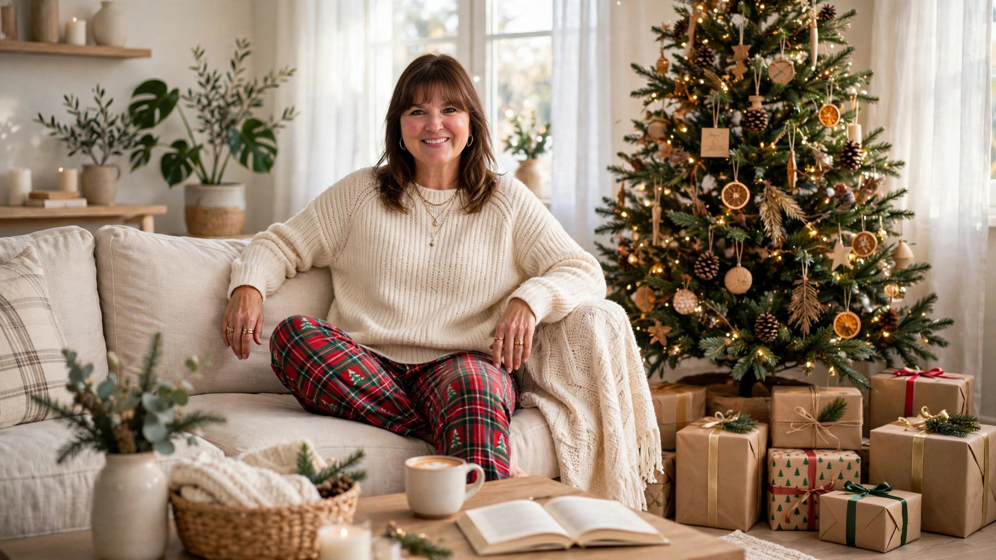 Woman in a cozy Christmas morning outfit