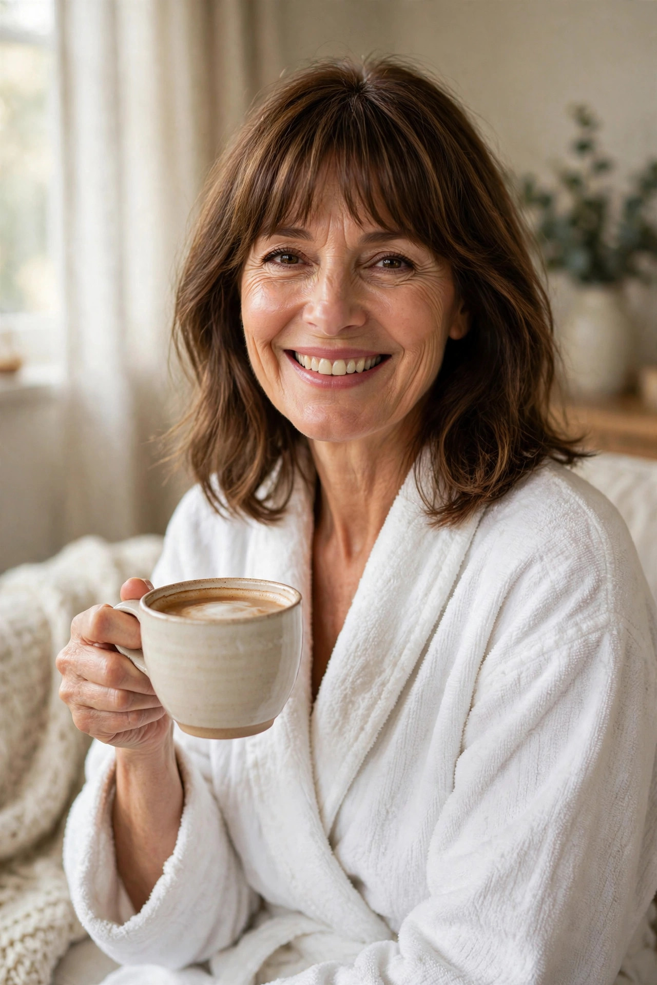 Smiling woman with shoulder-length brown hair and bangs in a white bathrobe, holding a cup of coffee.