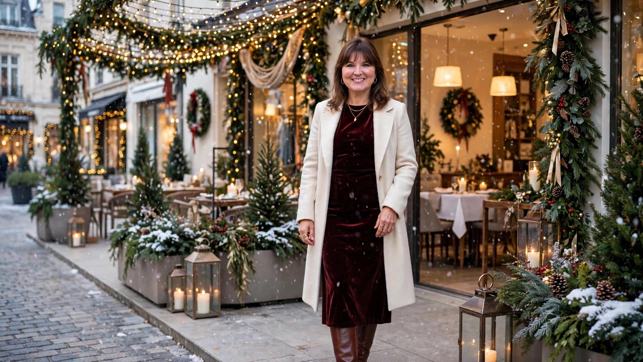 Woman over 40 in a festive Christmas outfit