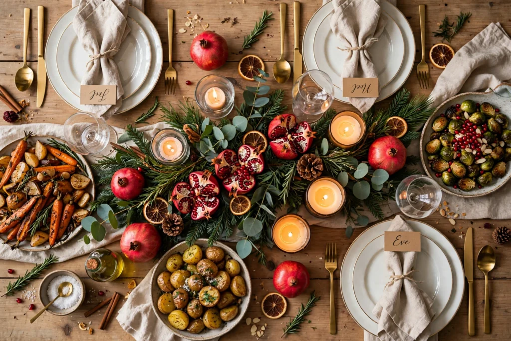 Overhead view of a Christmas dinner table with lit candles, greenery centerpiece, pomegranates, and place settings
