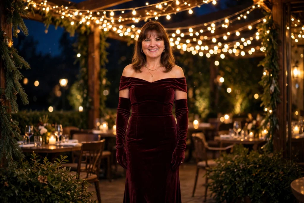 Smiling woman with shoulder-length brown hair and bangs in a burgundy velvet off-shoulder dress with long gloves under golden string lights