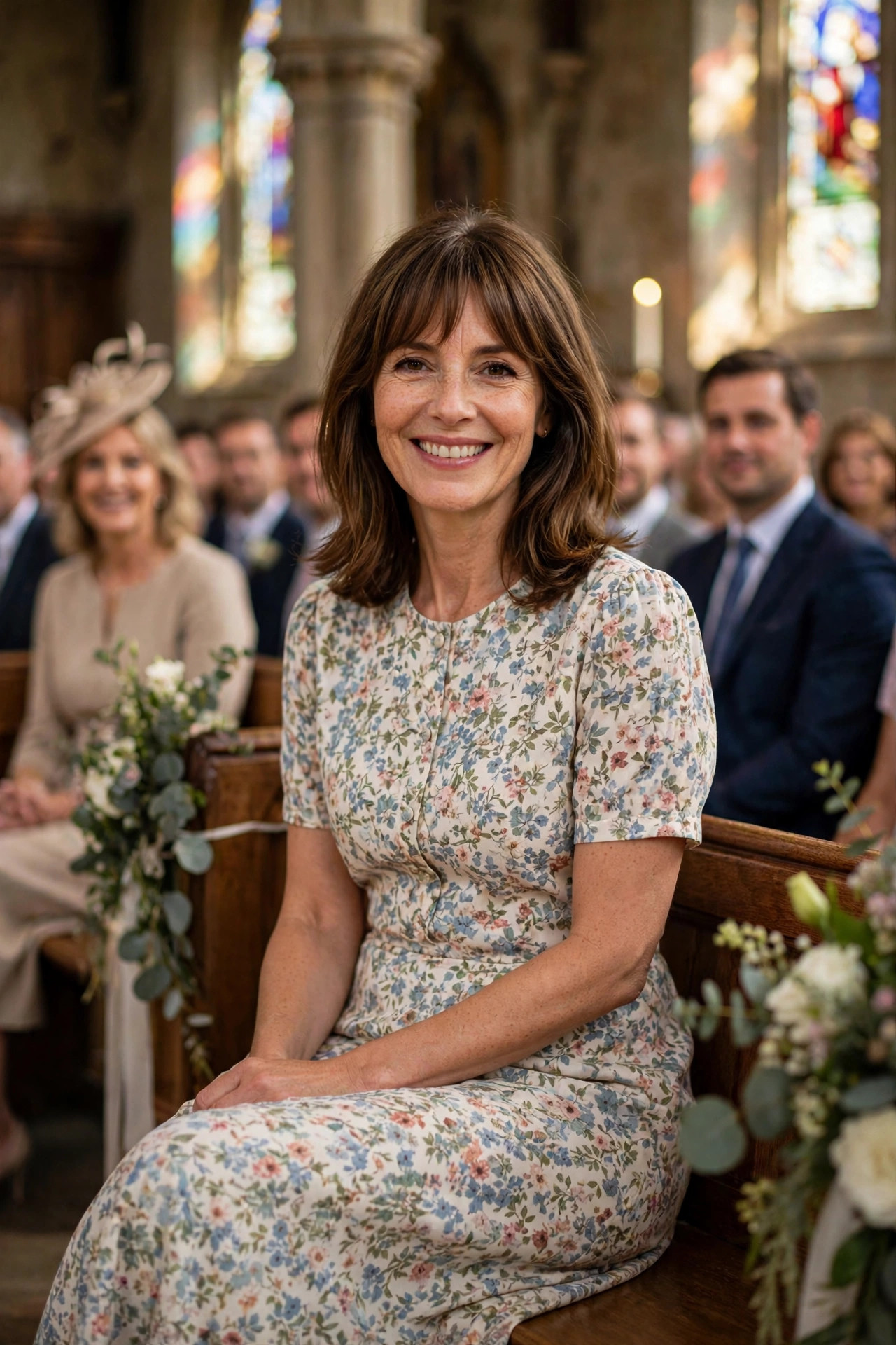 Smiling woman with shoulder-length brown hair and bangs wearing a floral midi dress, seated in a church pew among wedding guests.