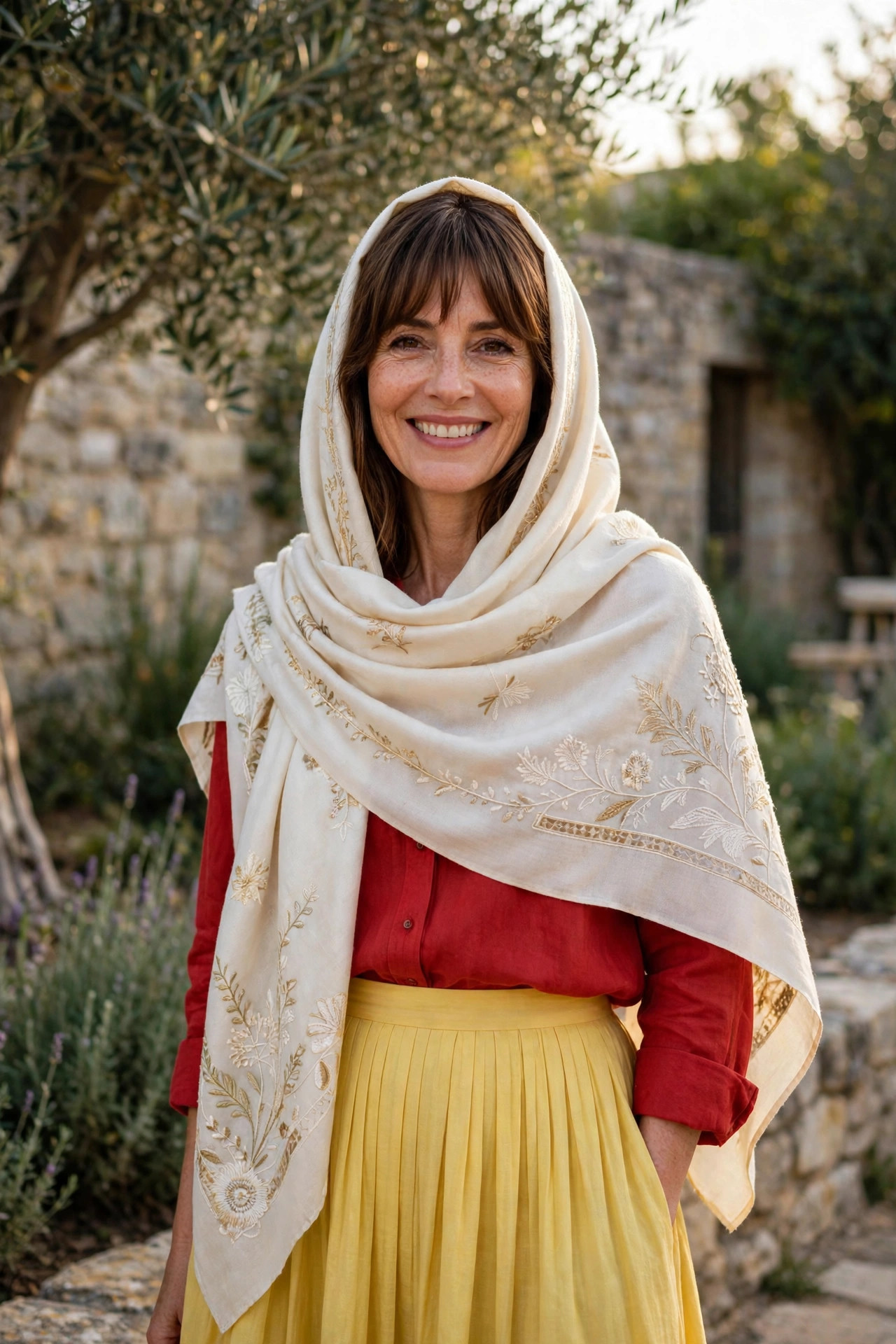 Smiling woman with shoulder-length brown hair and bangs wrapped in an ivory embroidered shawl draped over her head and shoulders.