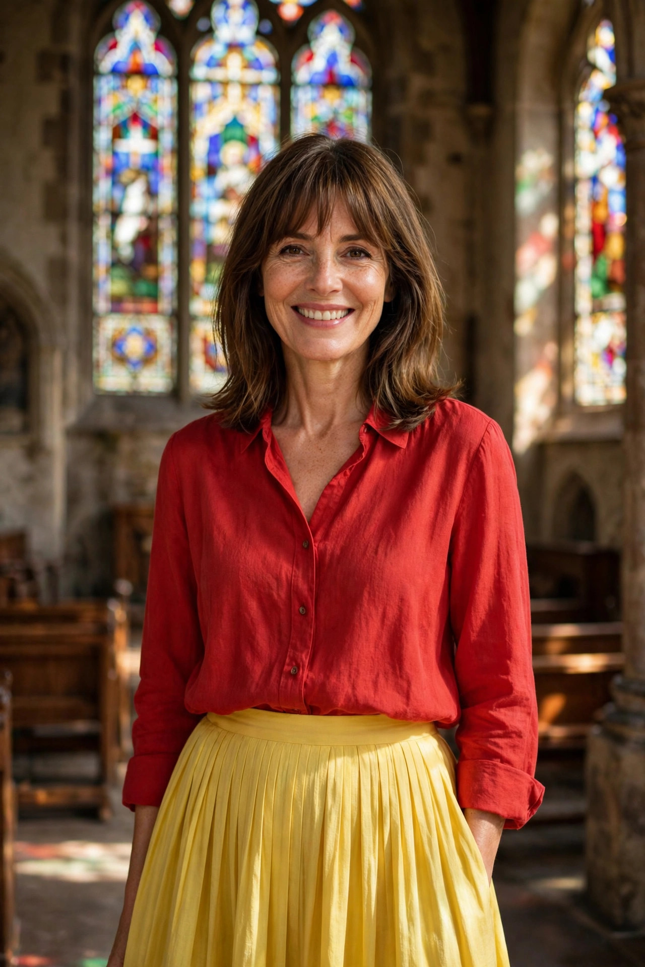 Smiling woman in a red blouse and yellow pleated midi dress, one of our favorite church wedding guest outfits, standing outside a church.