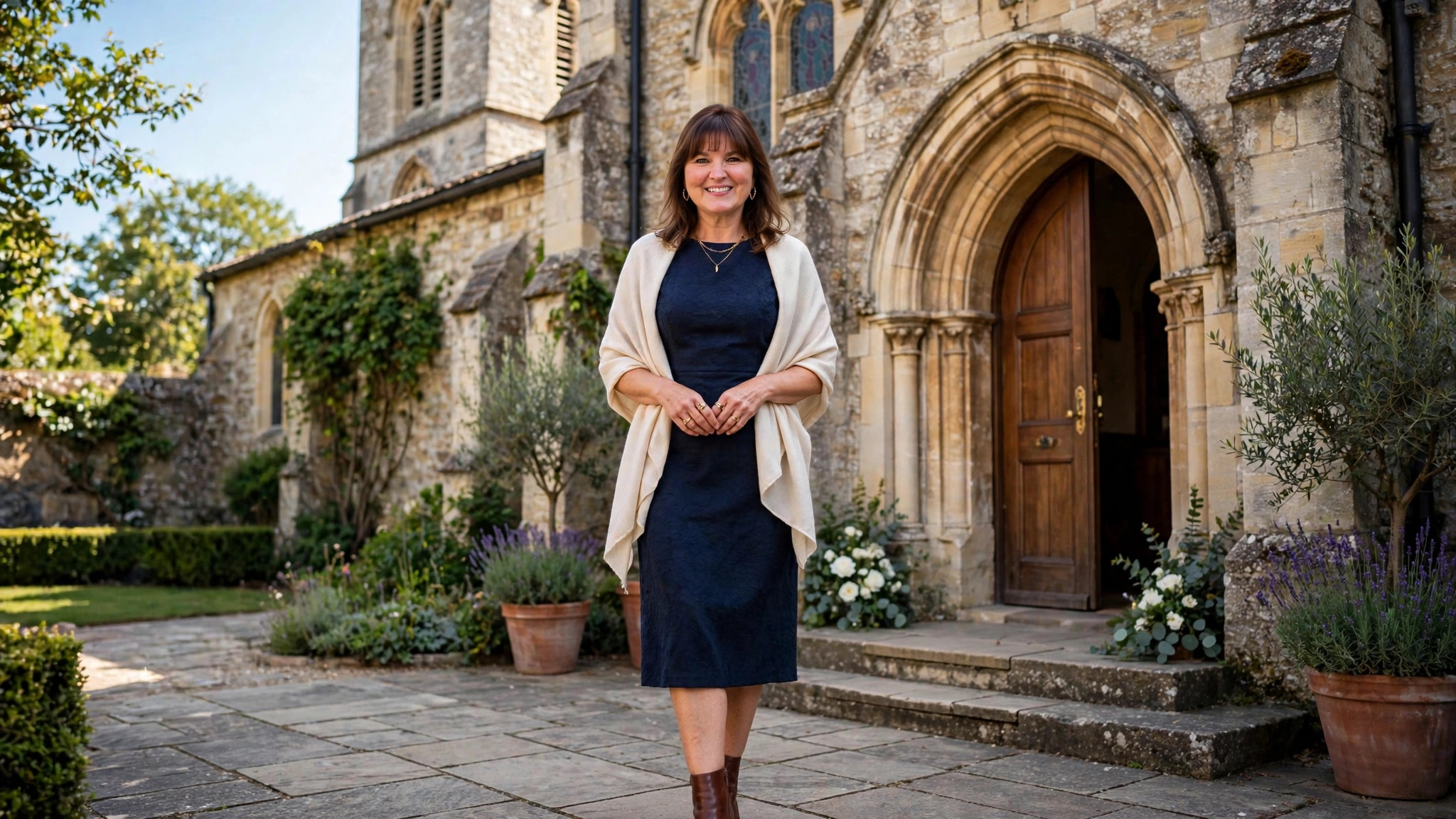 Woman in a church wedding guest outfit