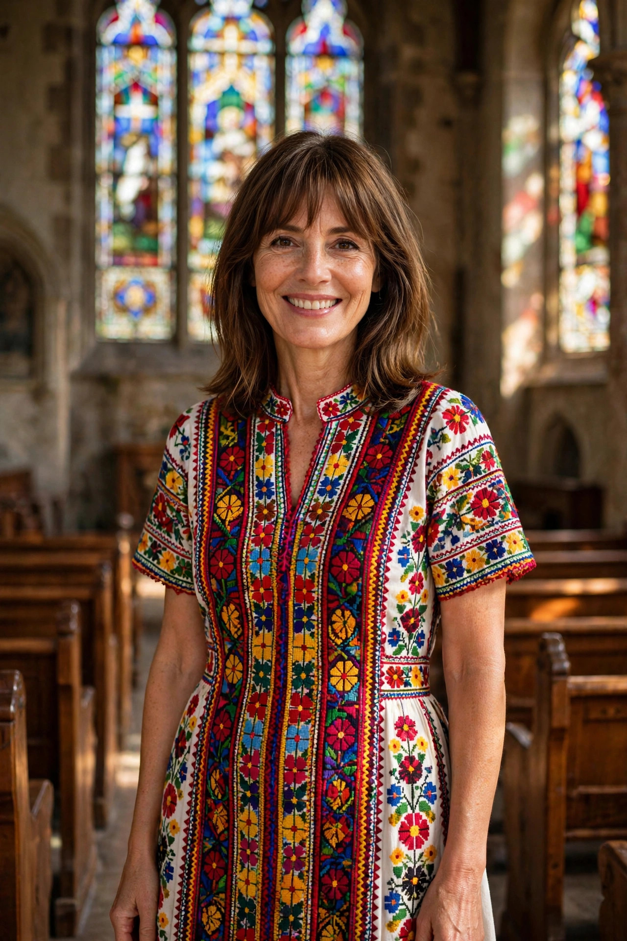 Smiling woman with shoulder-length brown hair and bangs wearing a colorful embroidered traditional dress, standing between wooden church pews.