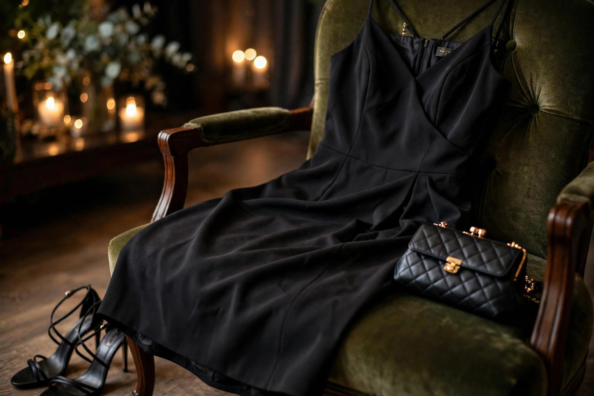 Black knee-length cocktail dress with strappy heels and a small black quilted bag, a cocktail dress code outfit for women