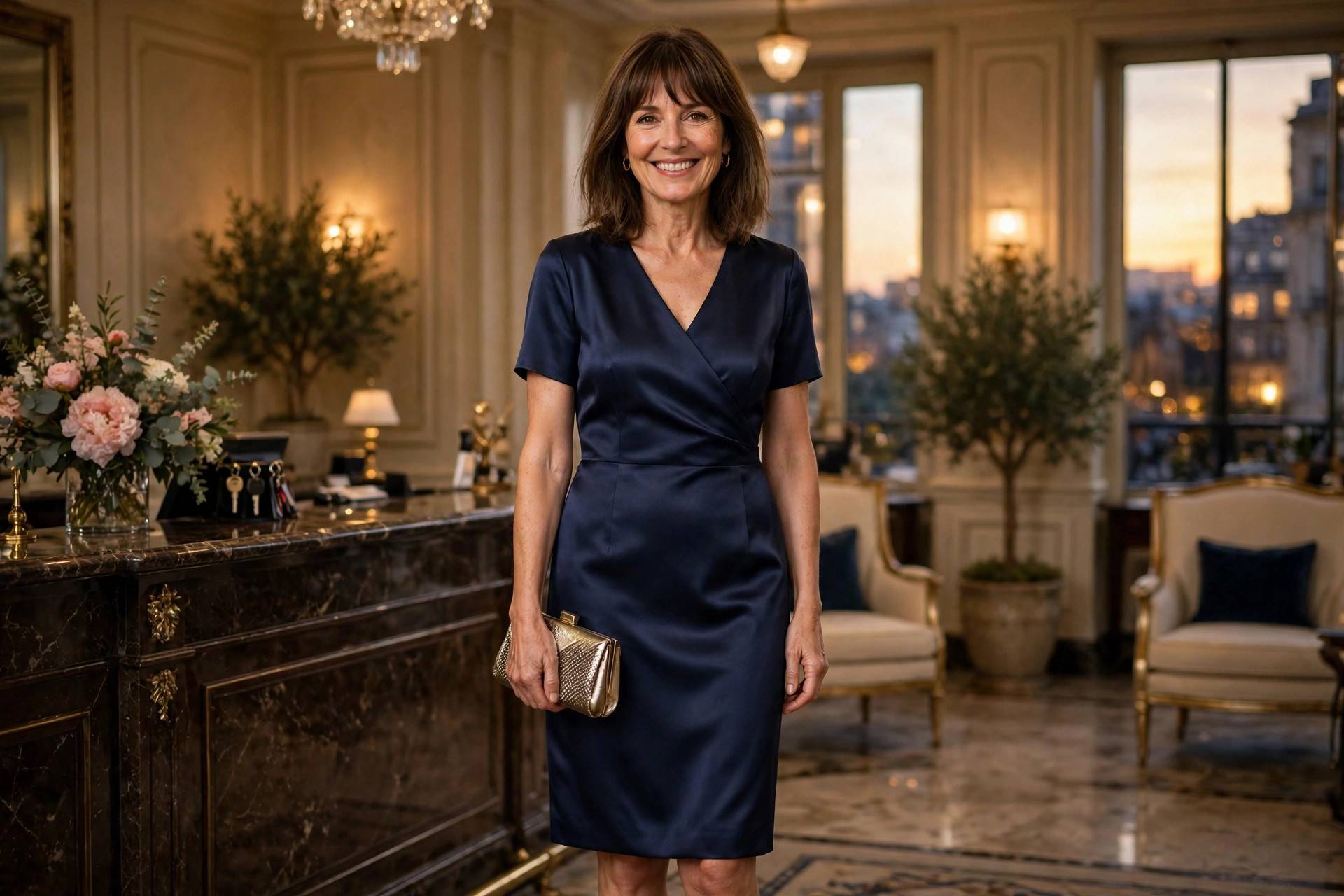 Smiling woman with shoulder-length brown hair and bangs wearing a navy satin knee-length cocktail dress, a cocktail dress code outfit