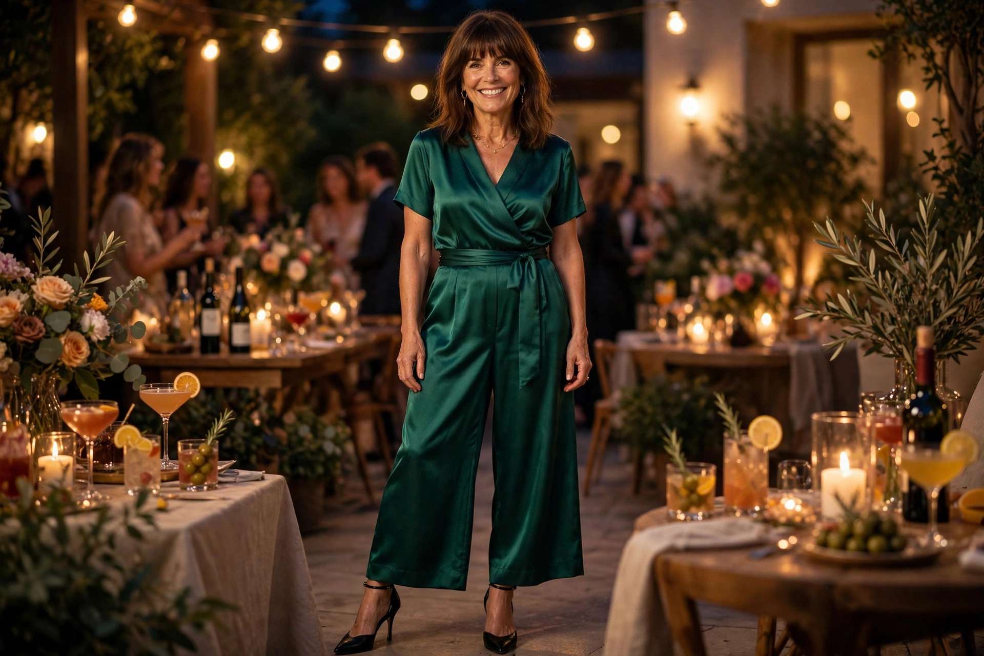 Smiling woman with shoulder-length brown hair and bangs wearing an emerald satin wide-leg jumpsuit at a cocktail event