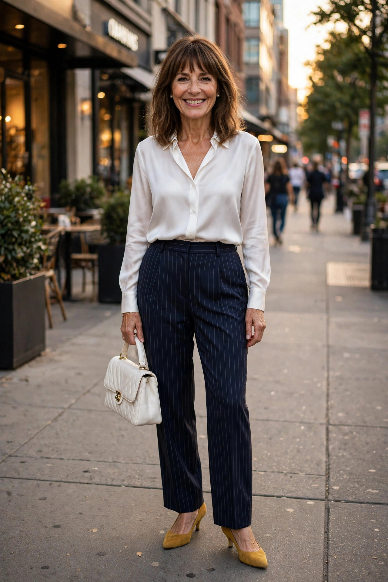 Smiling woman with shoulder-length brown hair and bangs wearing pinstripe trousers, a white shirt, and mustard kitten heels with a white handbag on a city sidewalk.