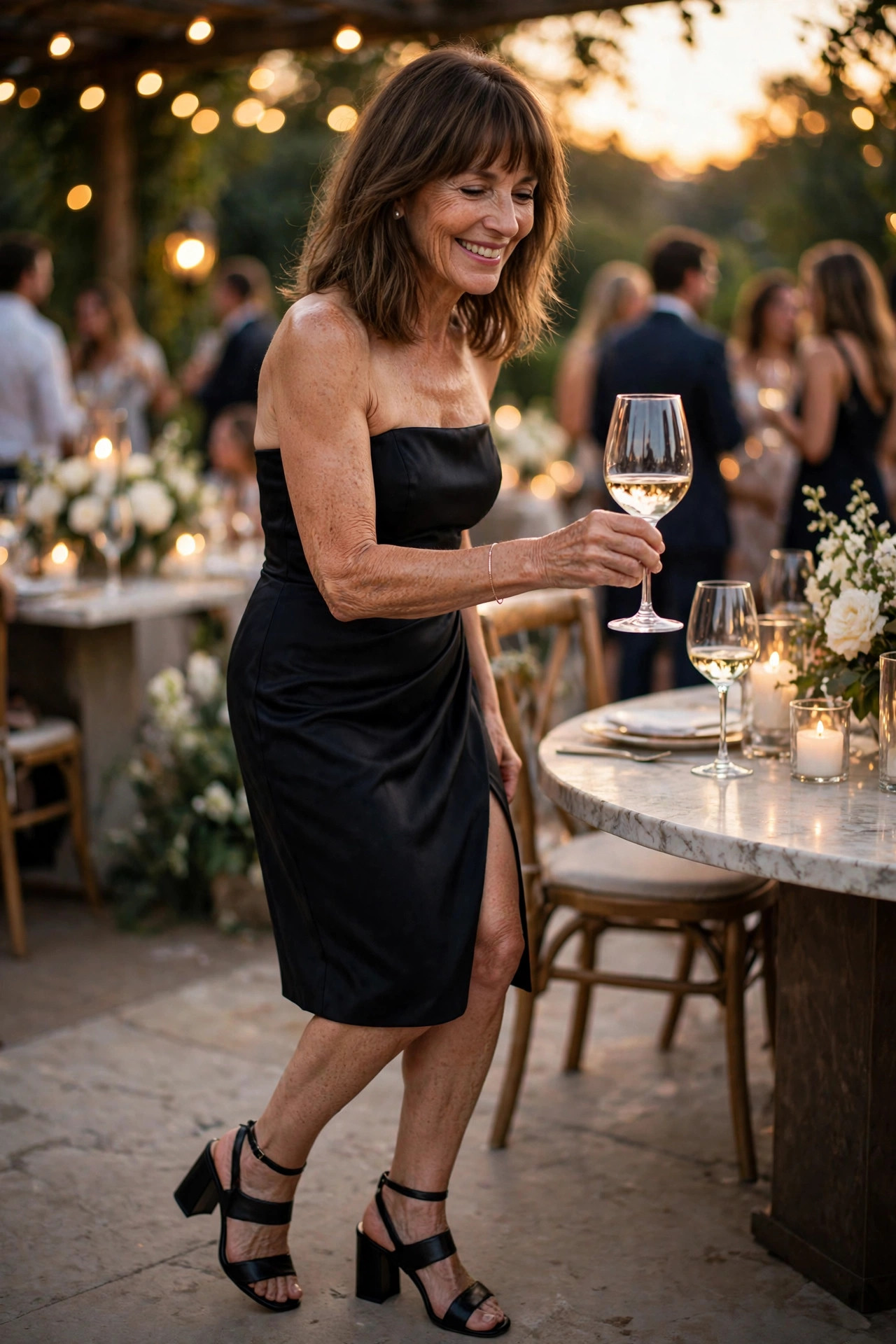 Smiling woman with shoulder-length brown hair and bangs in a black satin dress and black block-heel sandals, picking up a wineglass at an outdoor cocktail party.
