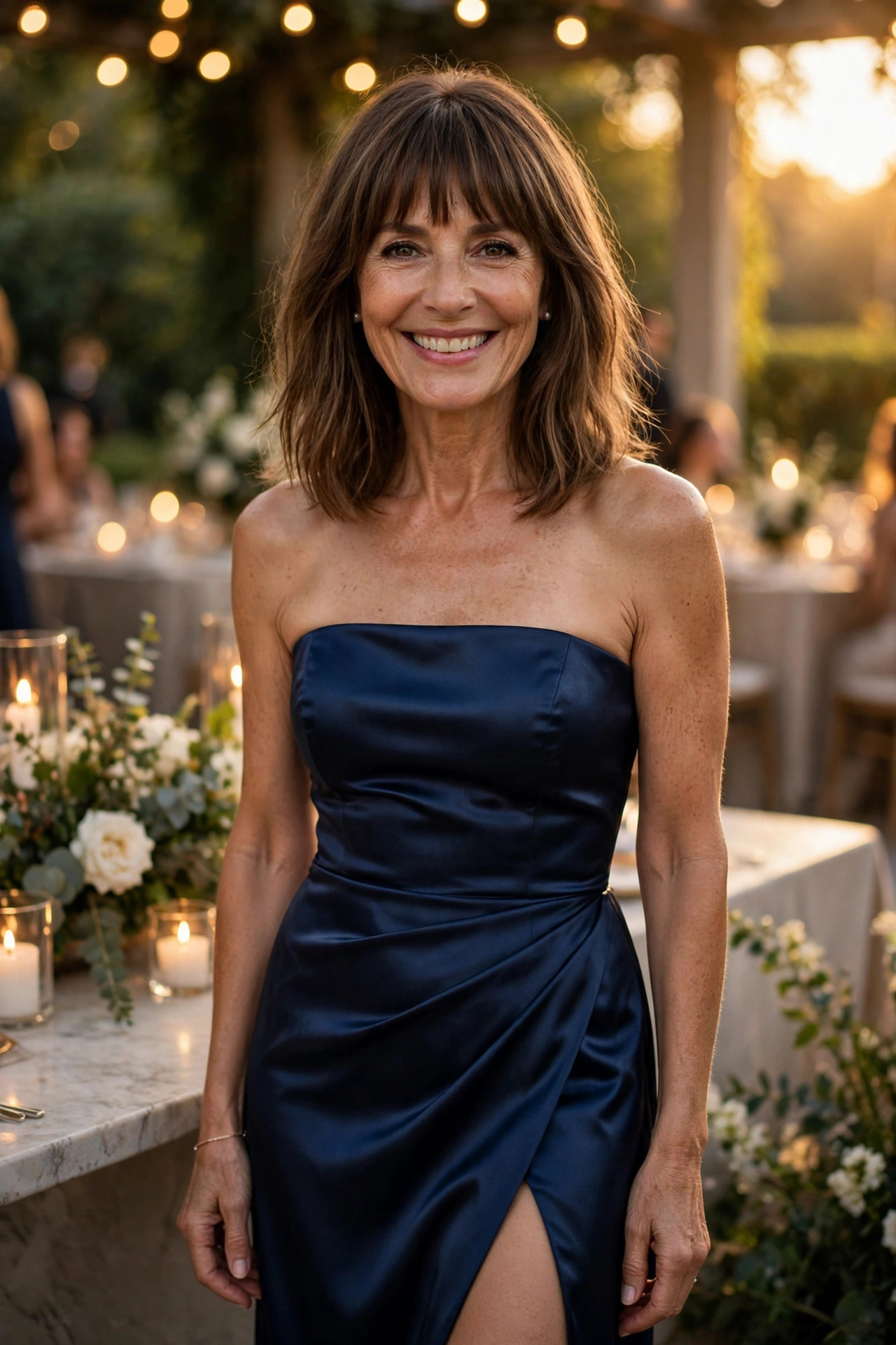 Smiling woman in a navy blue satin strapless gown, one of our favorite cocktail party outfits.