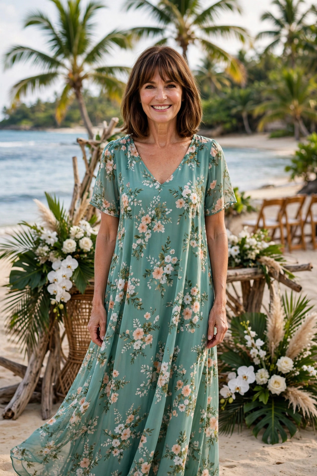 Smiling woman in a seafoam green floral maxi dress at a tropical beach wedding ceremony, palms and ocean behind her, a classic destination wedding guest outfit for a beach ceremony.