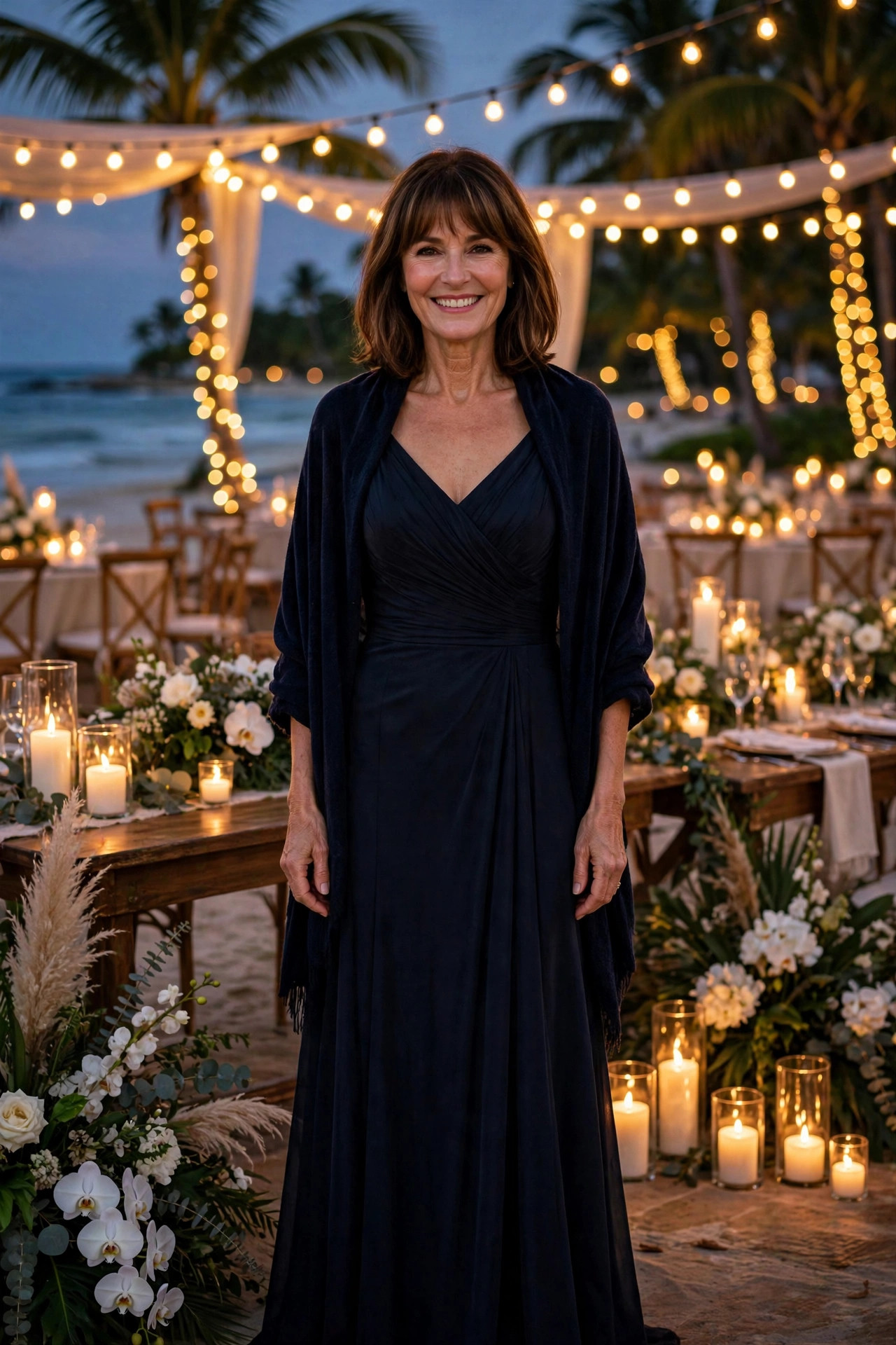 Woman in a navy evening gown with a shawl at a candlelit beach wedding reception under string lights, a formal destination wedding guest look for evening receptions.