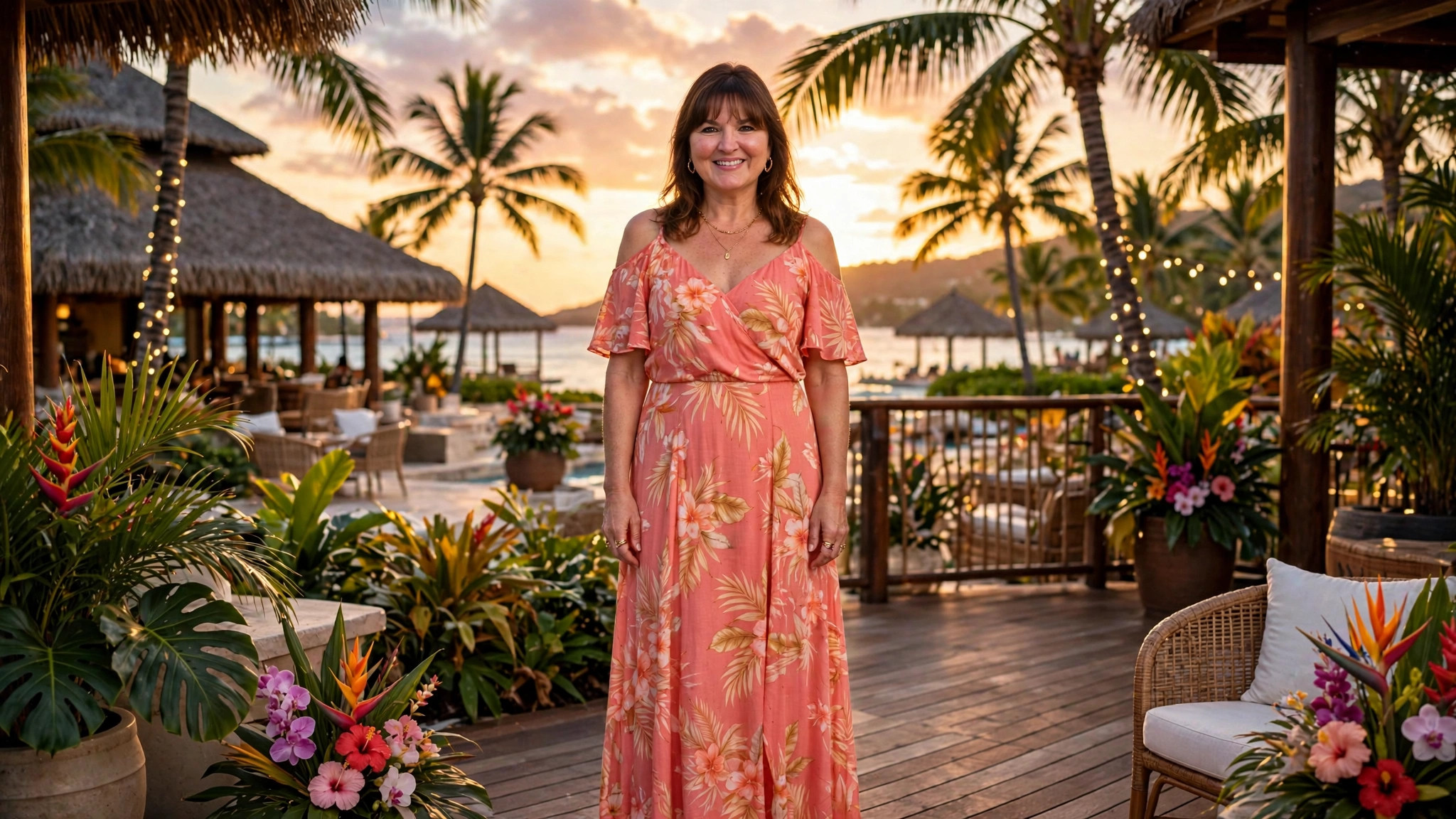 Woman in a destination wedding guest outfit
