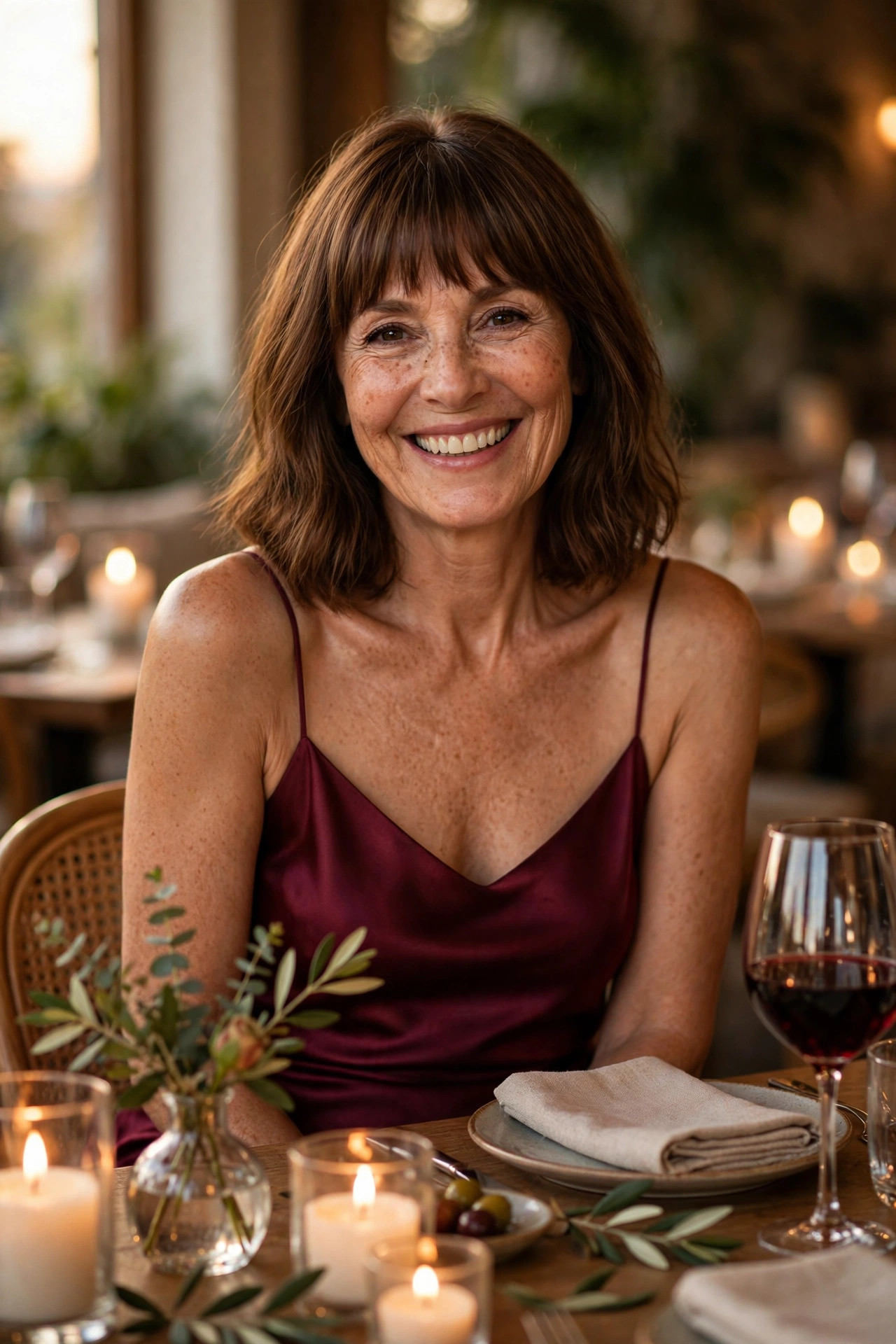Woman in a burgundy satin slip dress smiling at a candlelit restaurant table with wine and olives, a romantic dinner date outfit for an upscale evening.