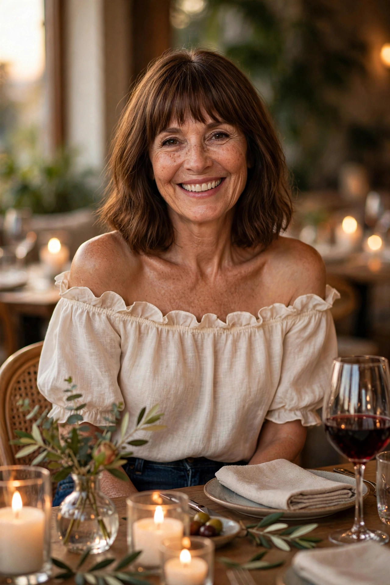 Woman in an ivory off-shoulder blouse with jeans at a candlelit bistro table, a relaxed but polished dinner date outfit for a casual date night.