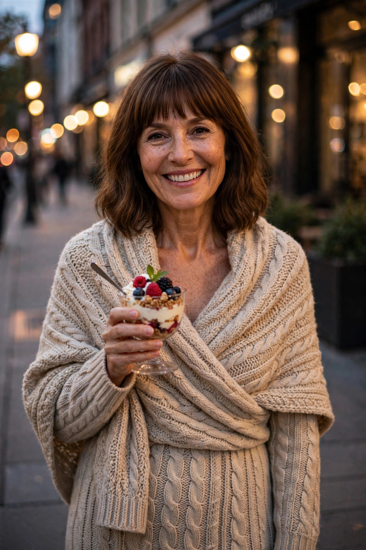 Woman in a cozy oatmeal cable-knit wrap holding a berry dessert cup on a softly lit city sidewalk after a dinner date, a comfortable date-night look.