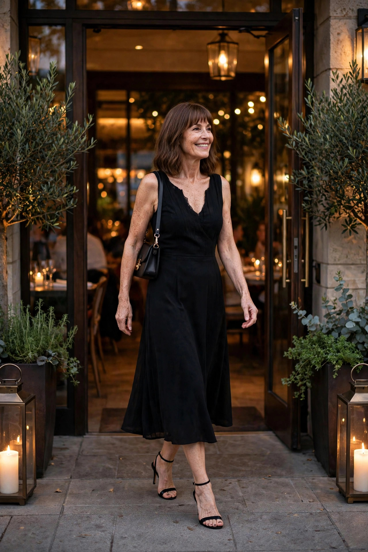 Woman in a black midi dress with heels and a small handbag stepping out of an upscale restaurant entrance at night, an elegant dinner date outfit.