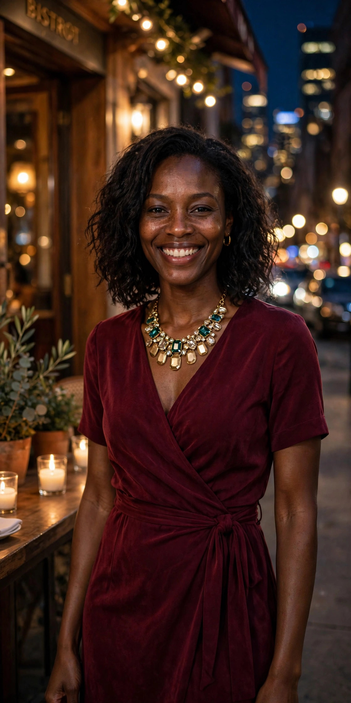 Black woman in a burgundy wrap dress with a statement necklace outside a candlelit restaurant at night, an elegant date night look with rich evening color.