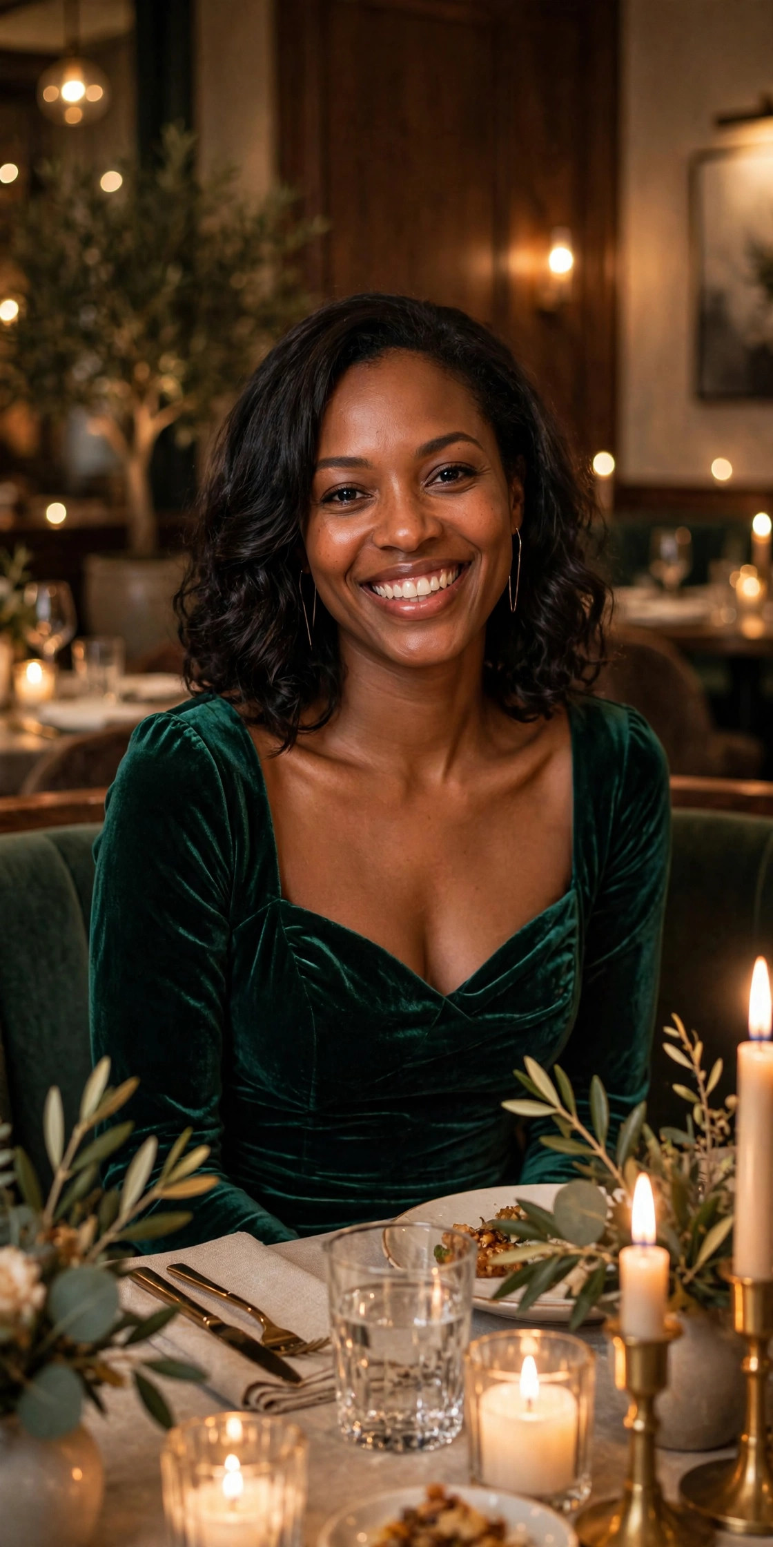 Black woman in an emerald green velvet evening dress at a candlelit dinner table, one of the jewel tone dinner outfit ideas in this guide.
