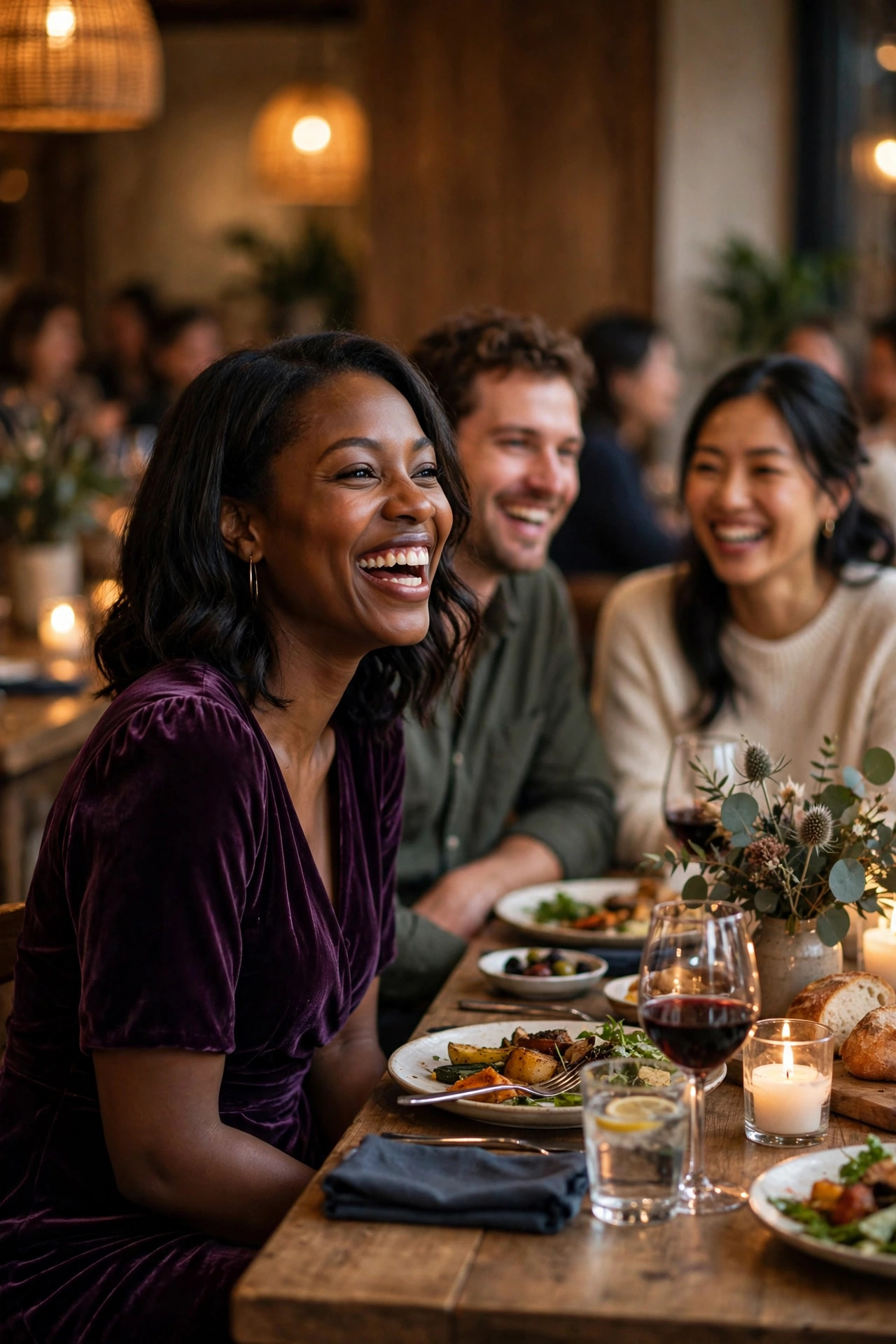 Black woman in a deep purple velvet dress laughing with friends around a candlelit dinner table, showing how rich color reads under warm restaurant lighting.