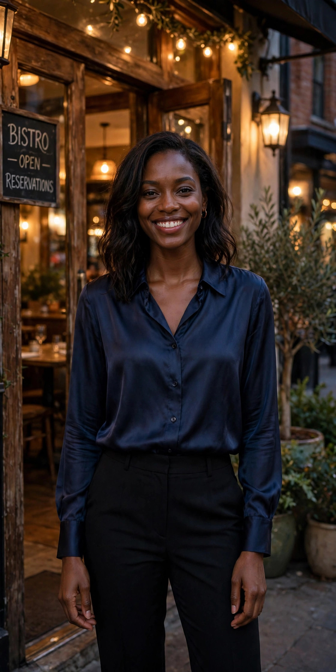 Black woman in a navy satin blouse and black trousers at a warmly lit restaurant entrance, a luxe fabric finish for evening dinner looks.
