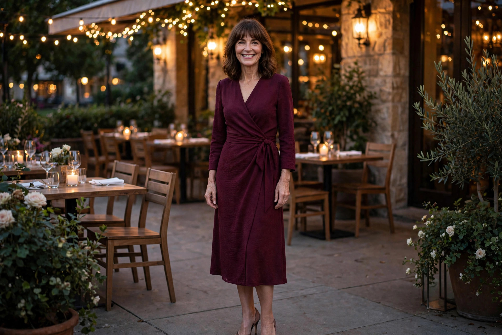 Woman in a wine-colored wrap dress with heels standing outside a candlelit restaurant patio at night, a chic date night outfit.