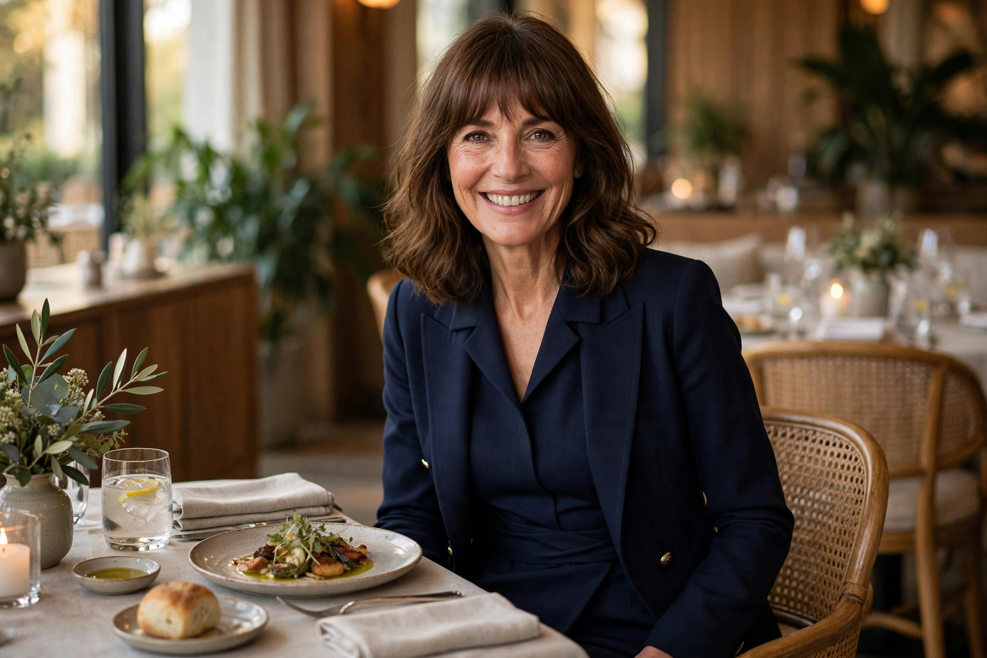 Woman in a navy blazer over a navy midi dress seated at a refined restaurant table, an elegant dinner outfit for women over 40 that never tries too hard.