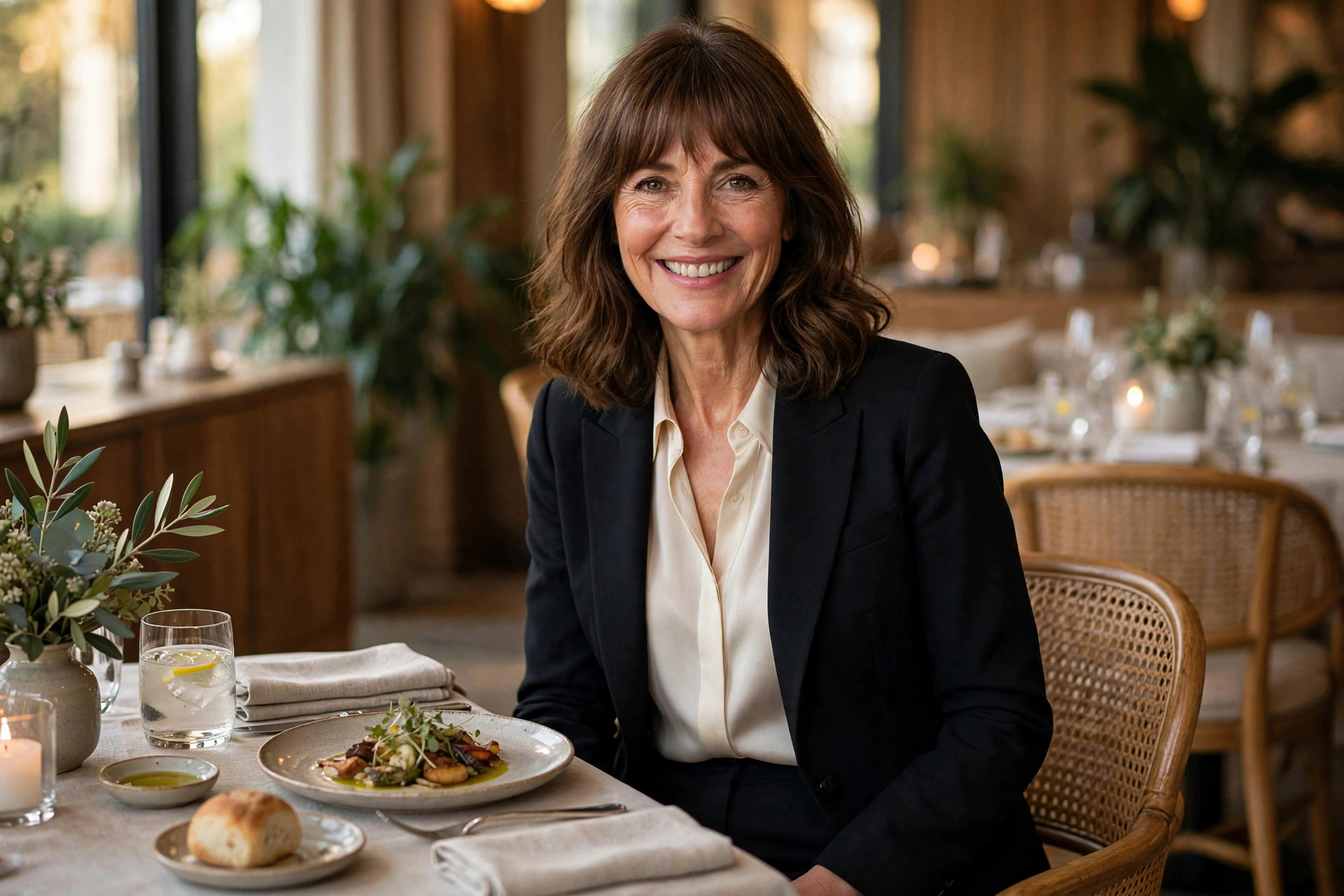 Woman in a black blazer with an ivory silk blouse at a professional dinner table, a polished work dinner outfit.
