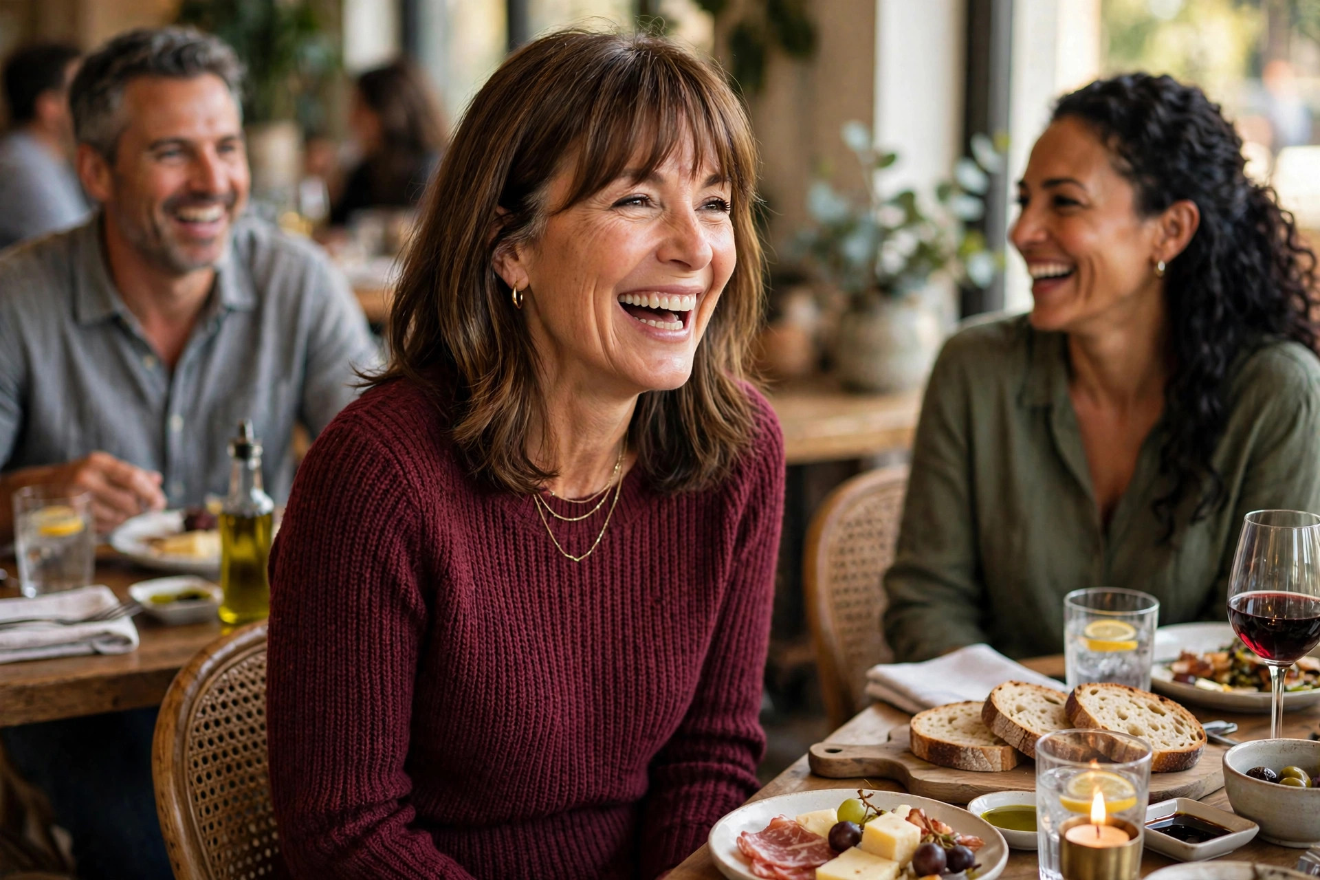 Woman in a burgundy knit sweater laughing at a lively bistro gathering with friends, a cozy dinner outfit for long catch-ups.