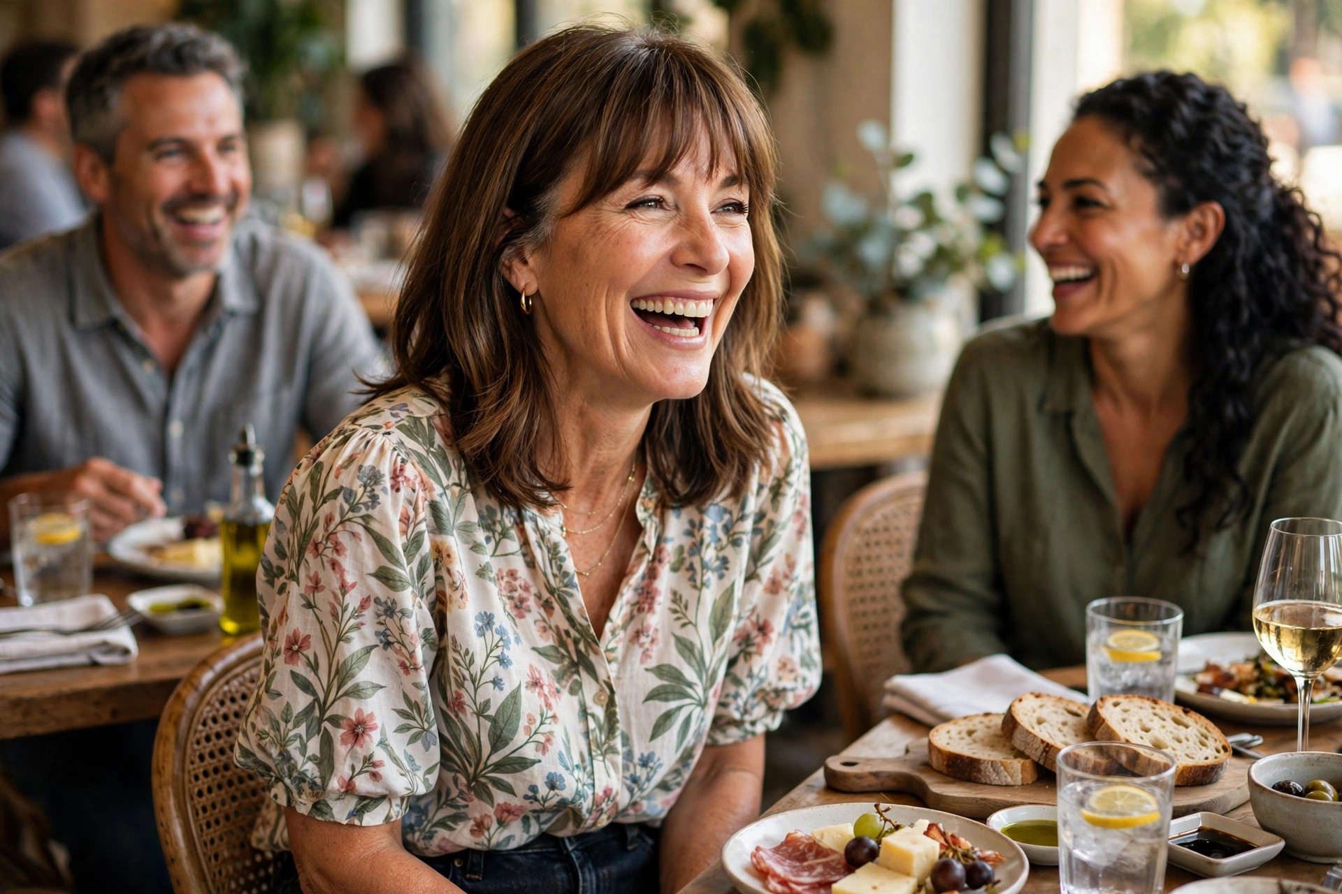 Woman in a floral print blouse with dark jeans laughing with friends at a casual restaurant dinner table, a relaxed dinner outfit with friends look.