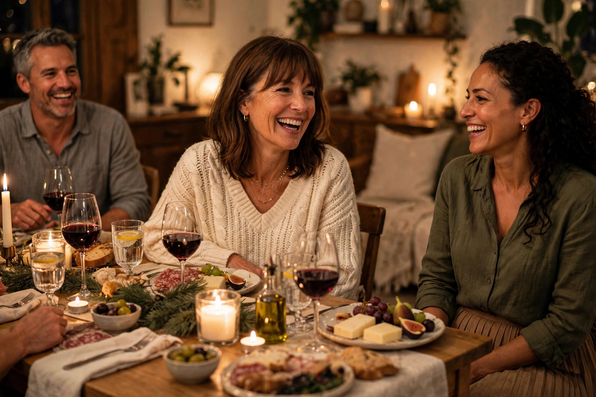 Woman in an ivory cable-knit sweater laughing at a cozy candlelit dinner party at home with friends, a comfortable dinner outfit with friends.