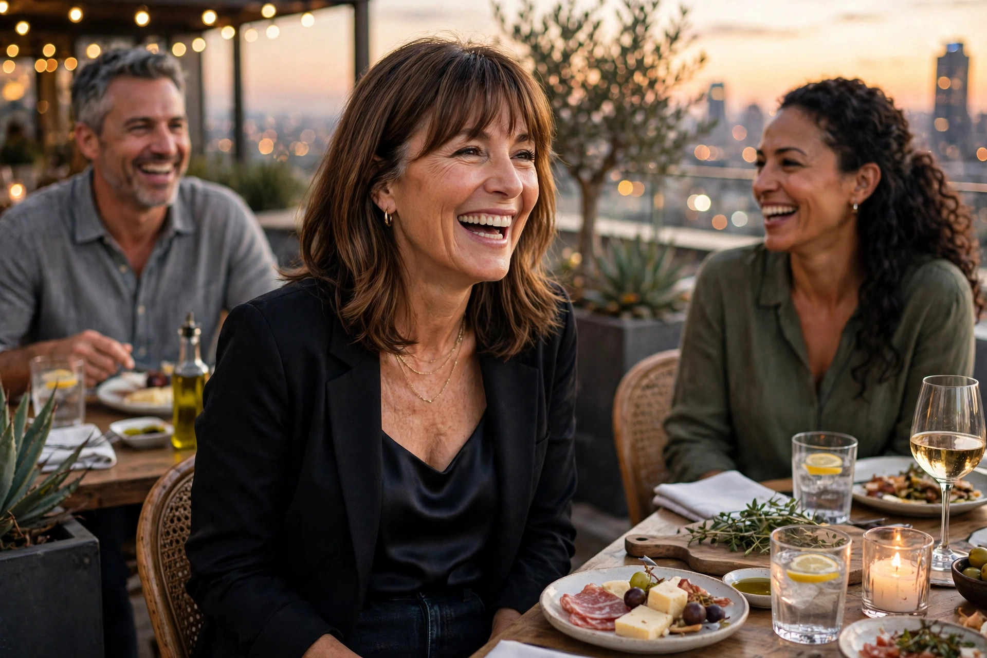 Woman in a black blazer with a satin top laughing at a rooftop dinner with friends at sunset, a polished dinner outfit with friends for evening outings.