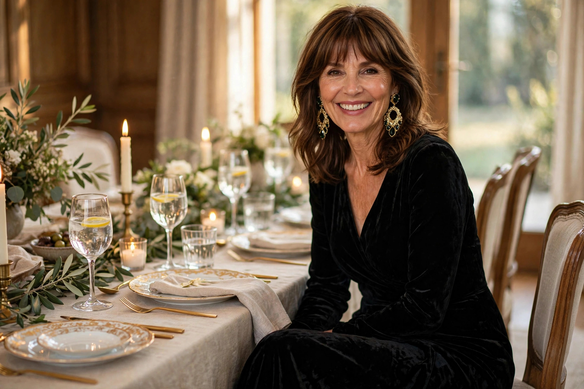 Woman in a black velvet gown with statement earrings at a formal dining room table with fine china, an elegant formal dinner party outfit.